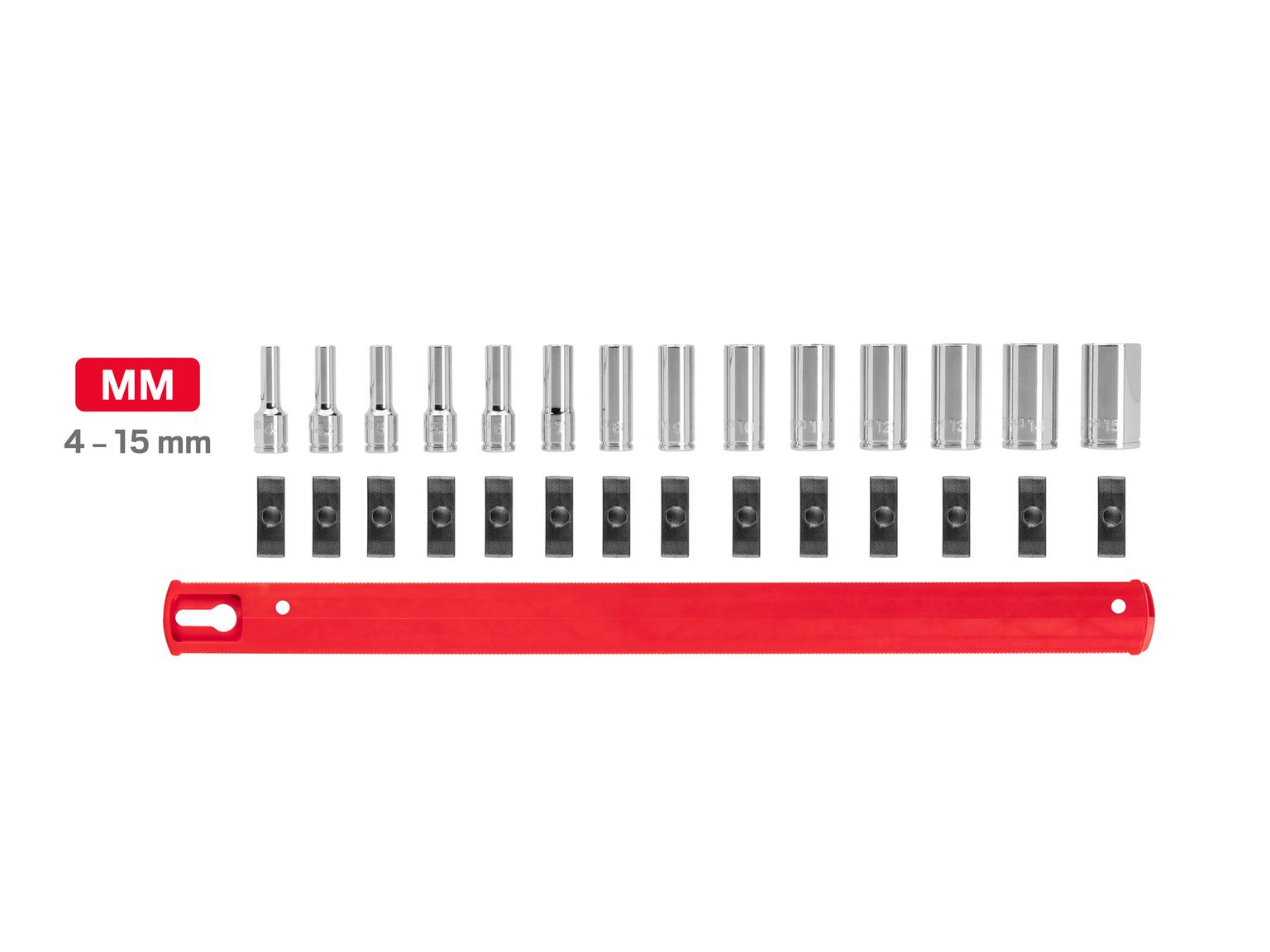 Laid out contents of Tekton rail hand drive 6-point socket set. Item #SHD90116