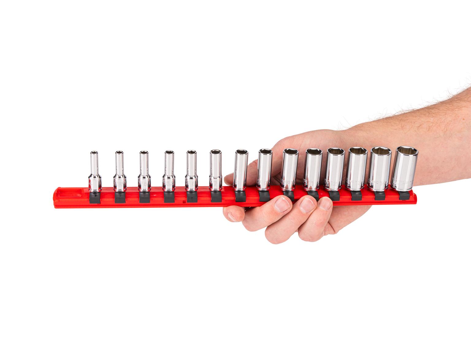 Person holding Tekton rail hand drive 6-point socket set. Item #SHD90116