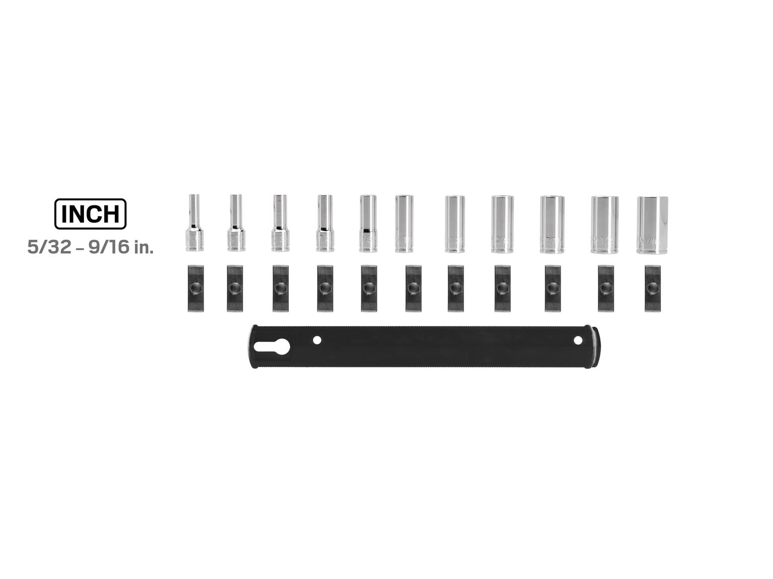 Laid out contents of Tekton rail hand drive 6-point socket set. Item #SHD90117
