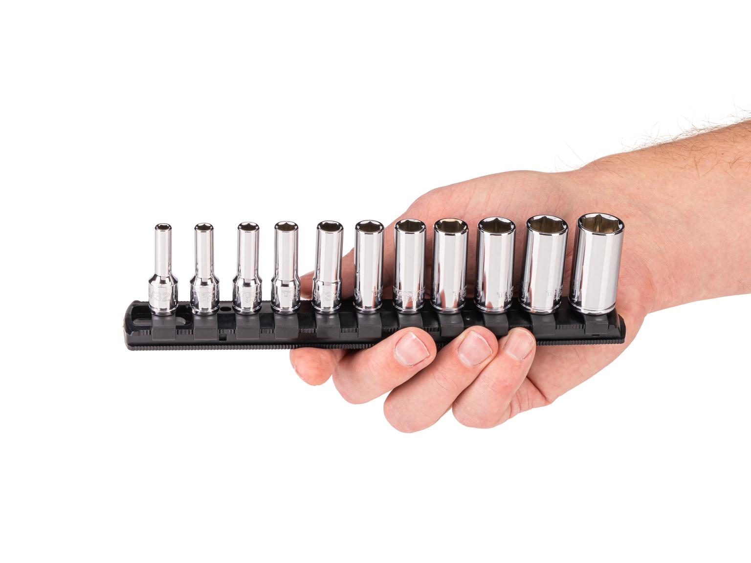 Person holding Tekton rail hand drive 6-point socket set. Item #SHD90117