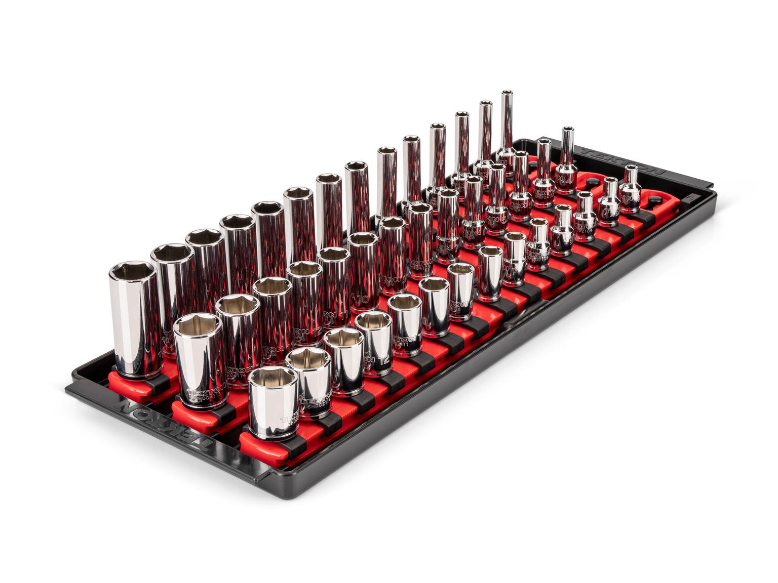 TEKTON 1/4 Inch Drive Shallow, Semi-Deep, and Deep 6-Point Socket Set with Rails and Trays, 42-Piece (4 - 15 mm)