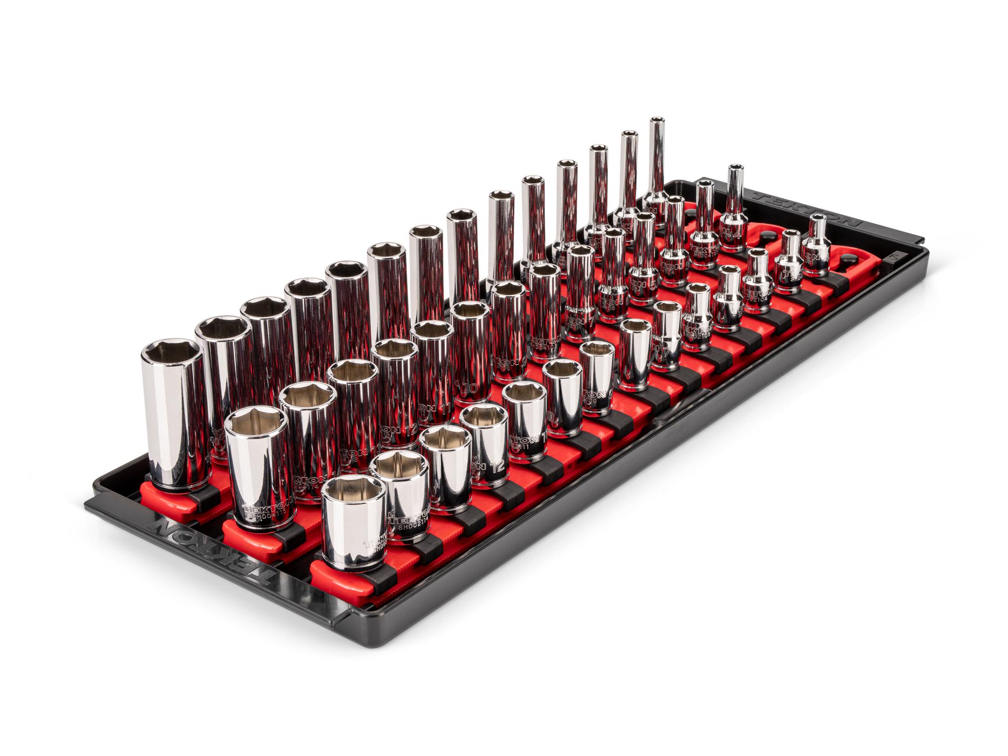 1/4 Inch Drive Shallow, Semi-Deep, and Deep 6-Point Socket Set with Rails and Tray (42-Piece)