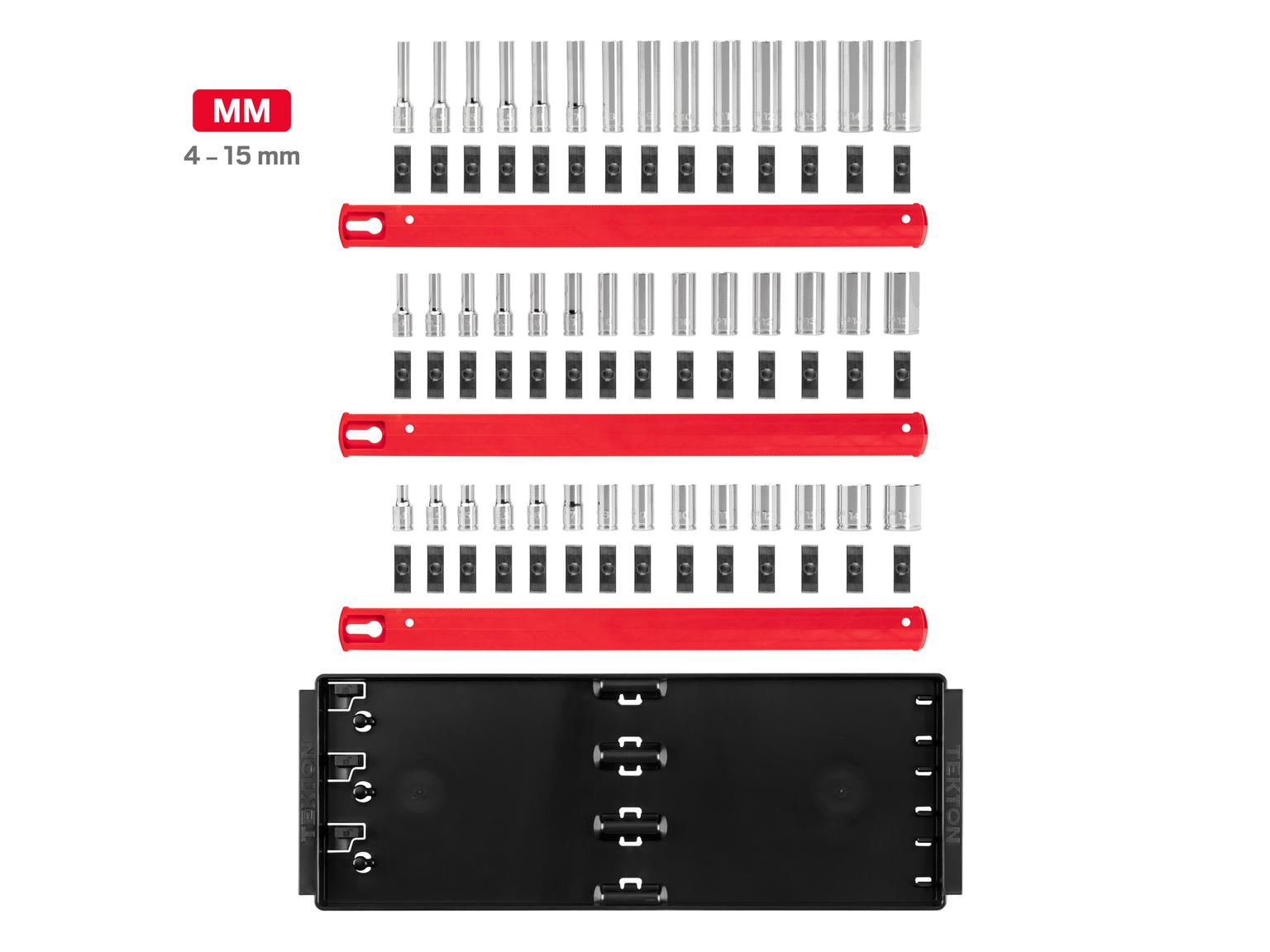 Laid out contents of Tekton rail and tray hand drive 6-point socket set. Item #SHD90120