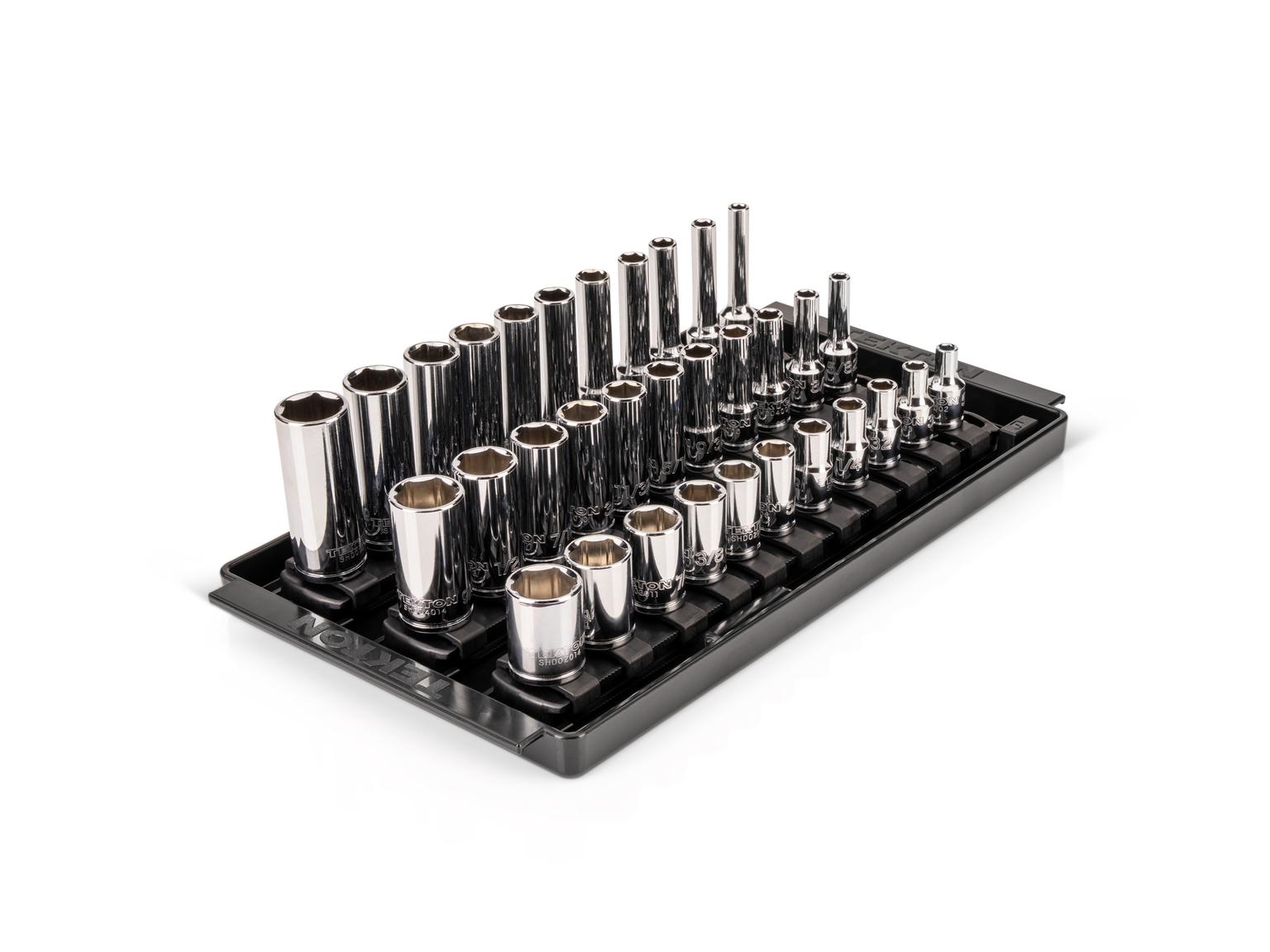 TEKTON 1/4 Inch Drive Shallow, Semi-Deep, and Deep 6-Point Socket Set with Rails and Trays, 33-Piece (5/32 - 9/16 in.)