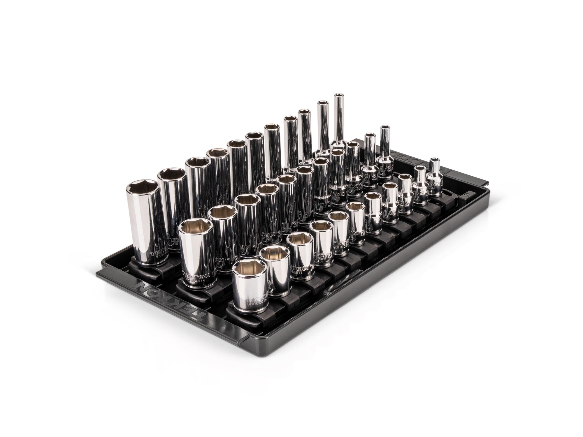 1/4 Inch Drive Shallow, Semi-Deep, and Deep 6-Point Socket Set with Rails and Tray (33-Piece)