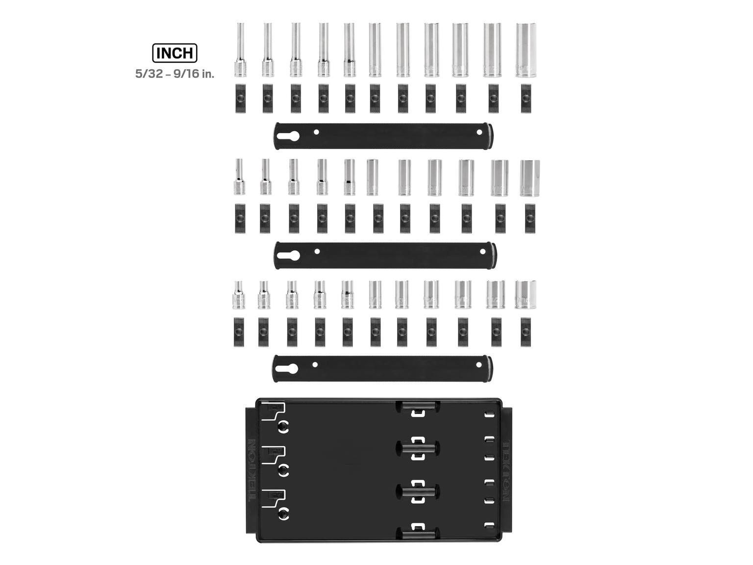 Laid out contents of Tekton rail and tray hand drive 6-point socket set. Item #SHD90121