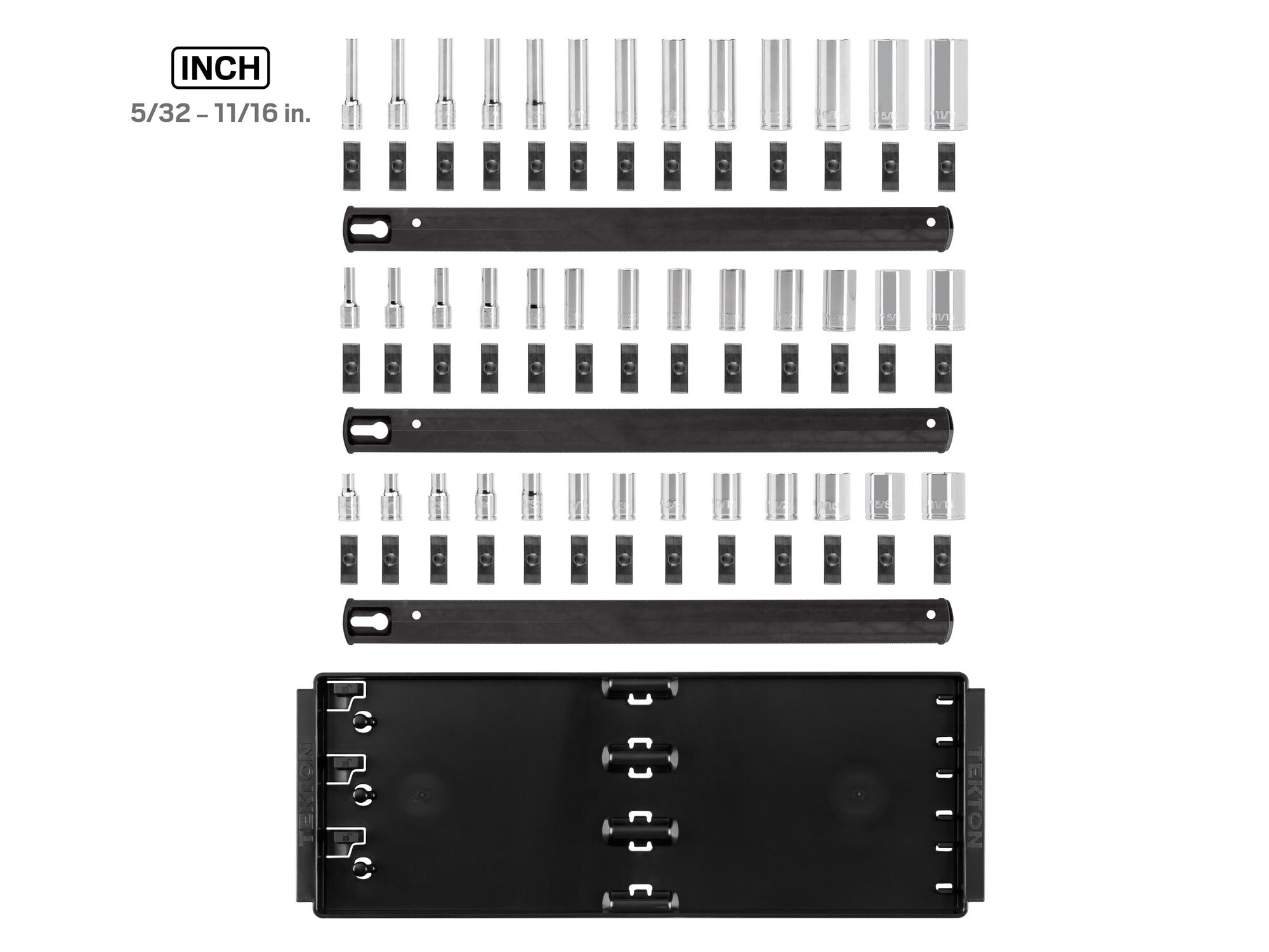 Laid out contents of Tekton rail hand drive 6-point socket set. Item #SHD90124