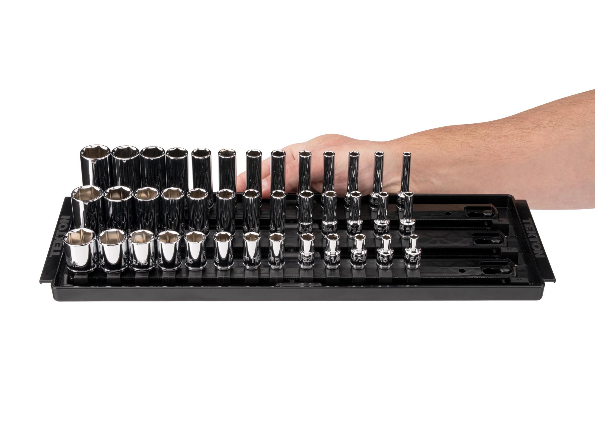 Person holding Tekton rail hand drive 6-point socket set. Item #SHD90124