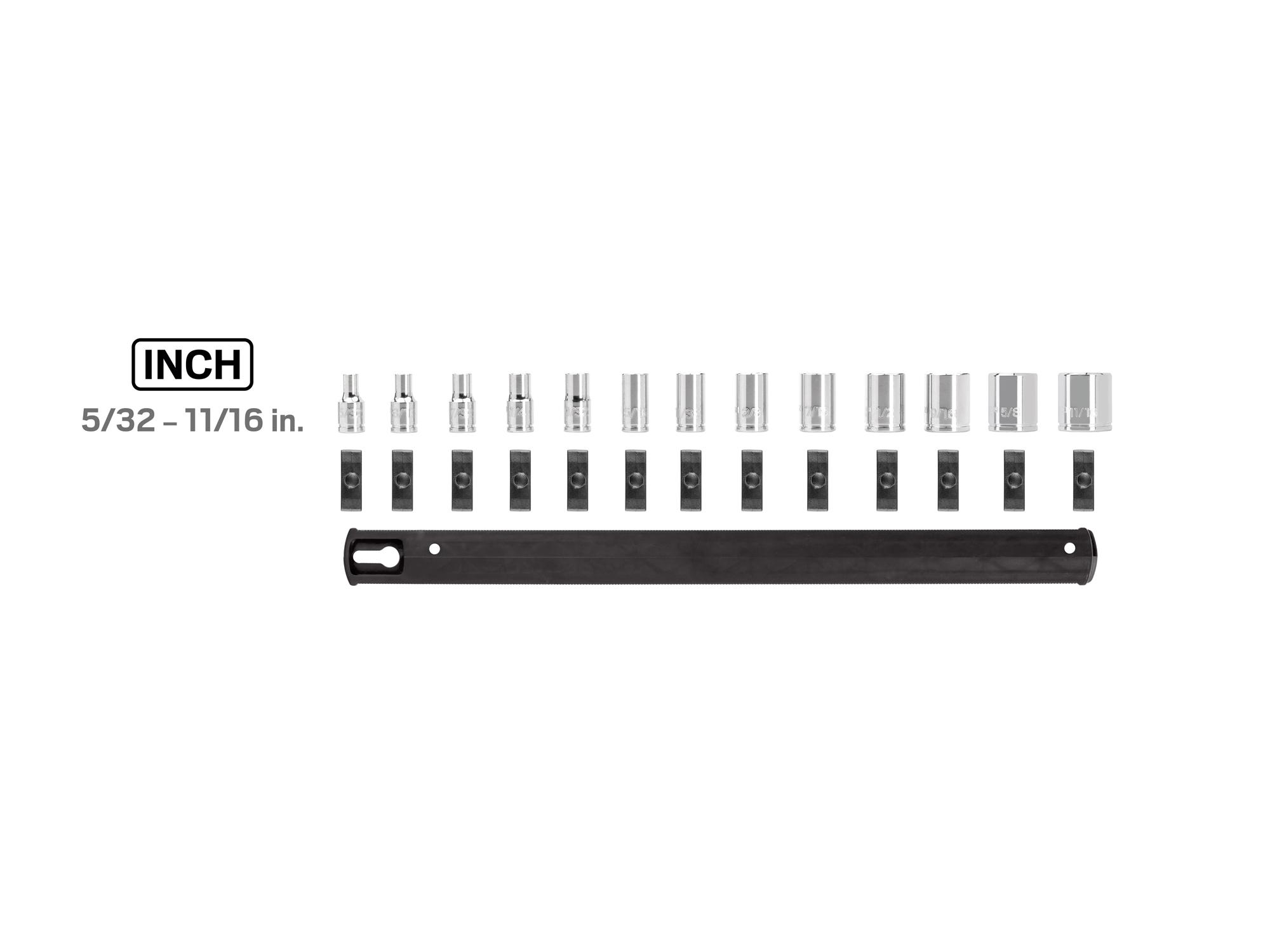 Laid out contents of Tekton rail hand drive 6-point socket set. Item #SHD90125