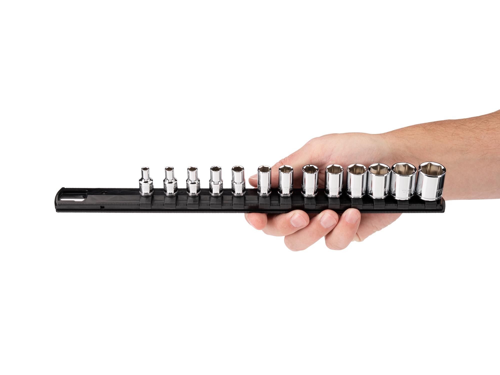 Person holding Tekton rail hand drive 6-point socket set. Item #SHD90125