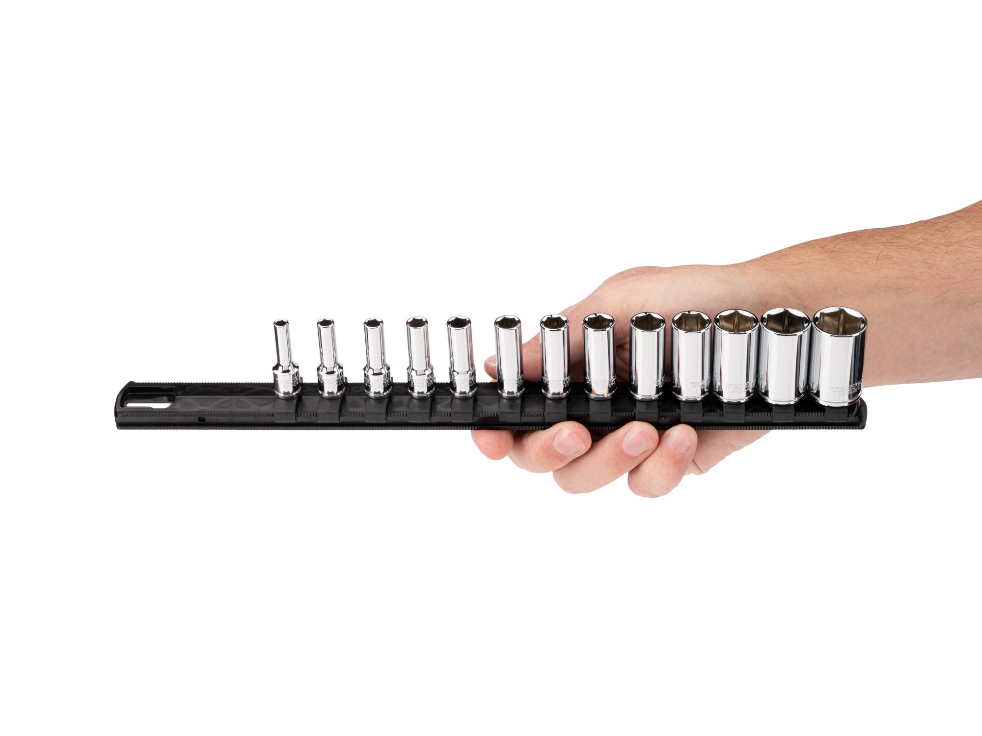 Person holding Tekton rail hand drive 6-point socket set. Item #SHD90126