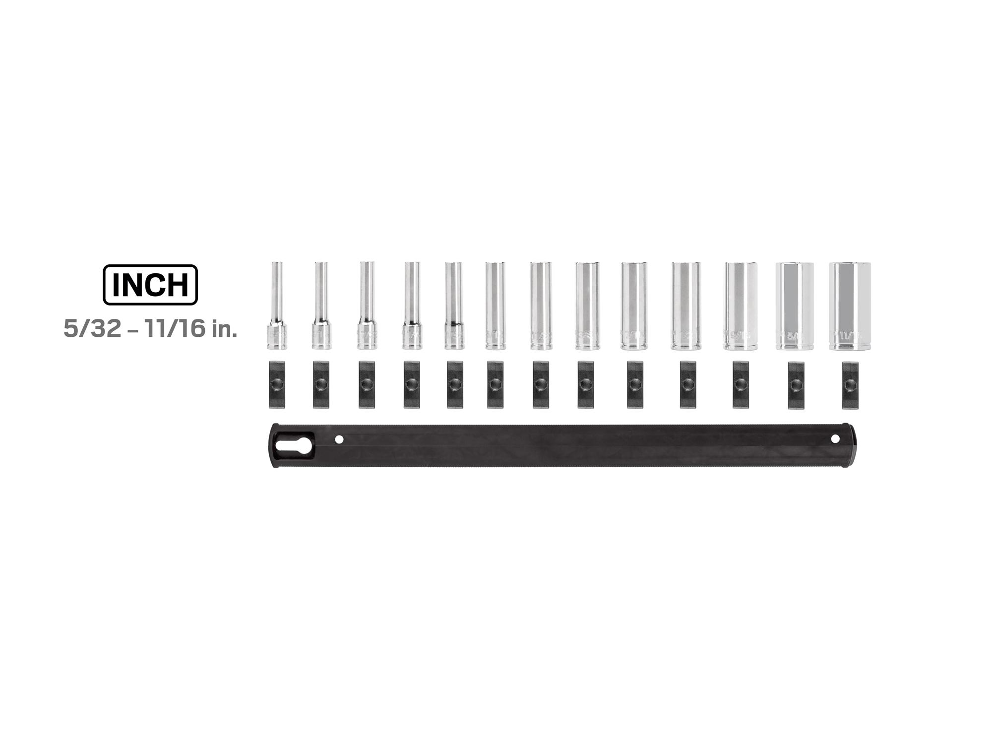 Laid out contents of Tekton rail hand drive 6-point socket set. Item #SHD90127
