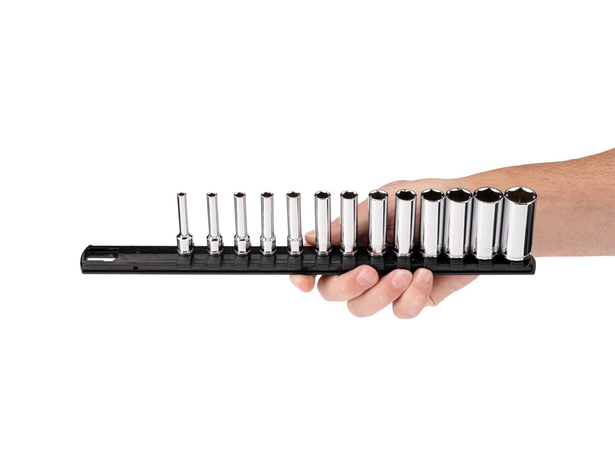 Person holding Tekton rail hand drive 6-point socket set. Item #SHD90127
