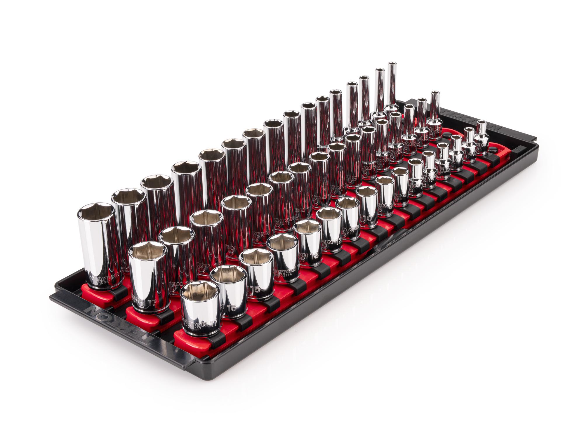 TEKTON 1/4 Inch Drive Shallow, Semi-Deep, and Deep 6-Point Socket Set with Rails and Tray, 48-Piece (4 - 17 mm)