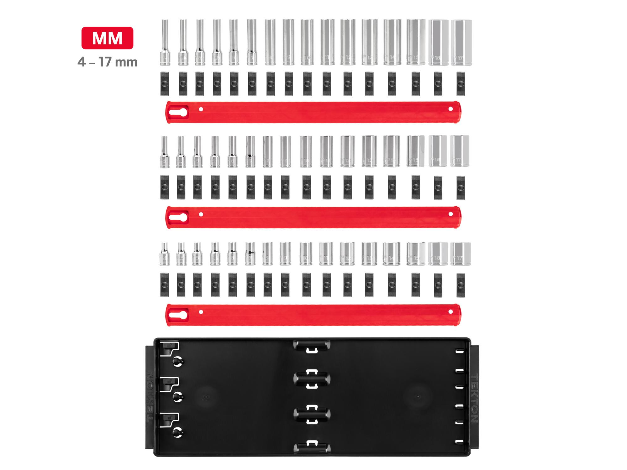 Laid out contents of Tekton rail hand drive 6-point socket set. Item #SHD90128