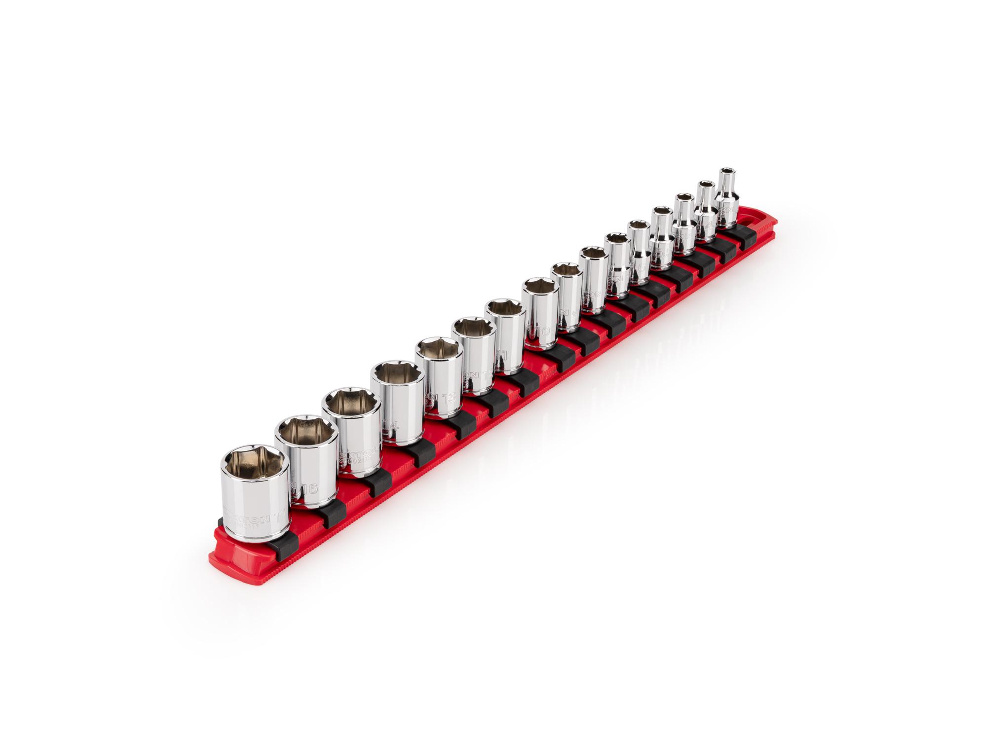 TEKTON 1/4 Inch Drive Shallow 6-Point Socket Set with Rail, 16-Piece (4 - 17 mm)