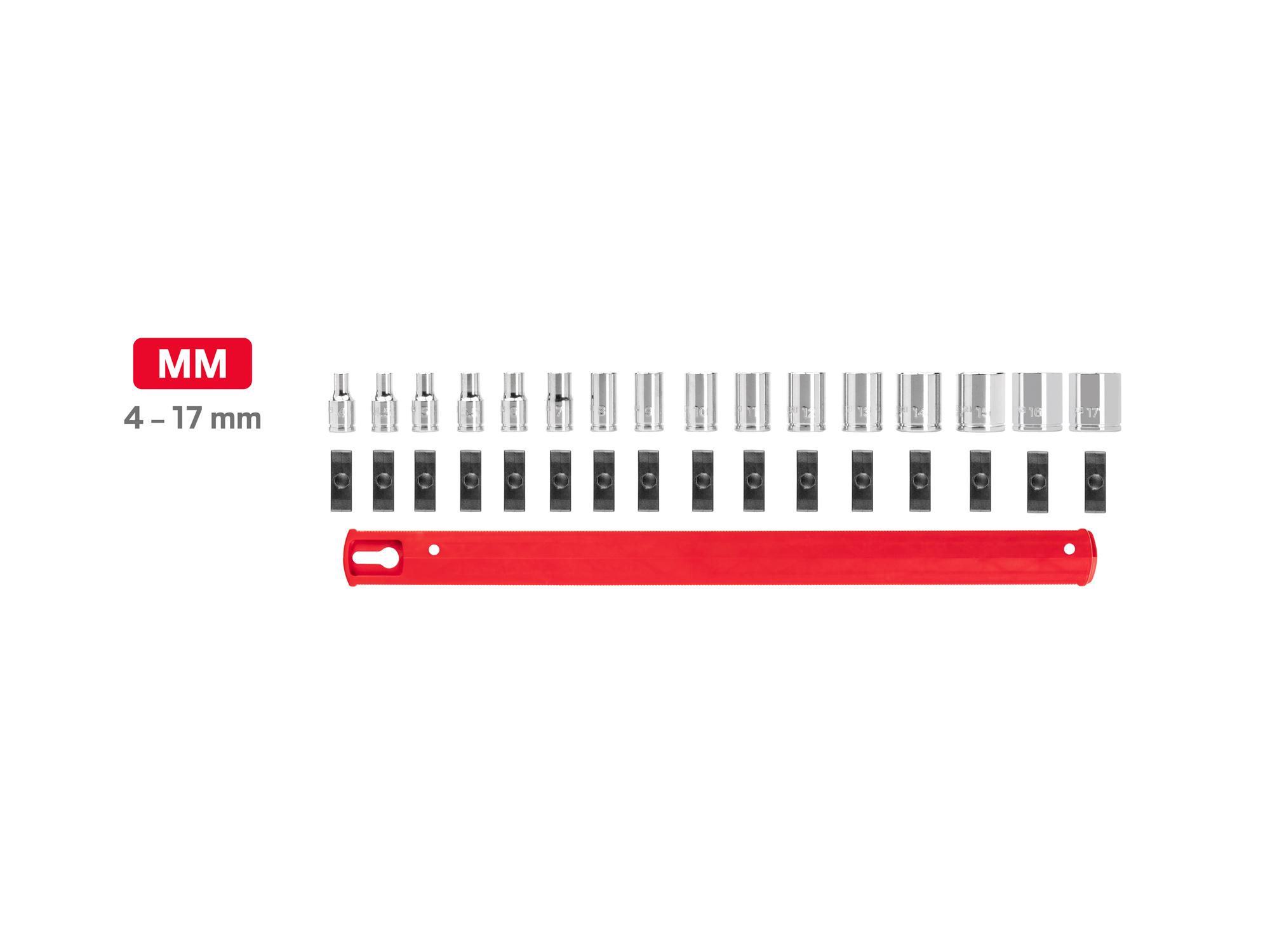 Laid out contents of Tekton rail hand drive 6-point socket set. Item #SHD90129
