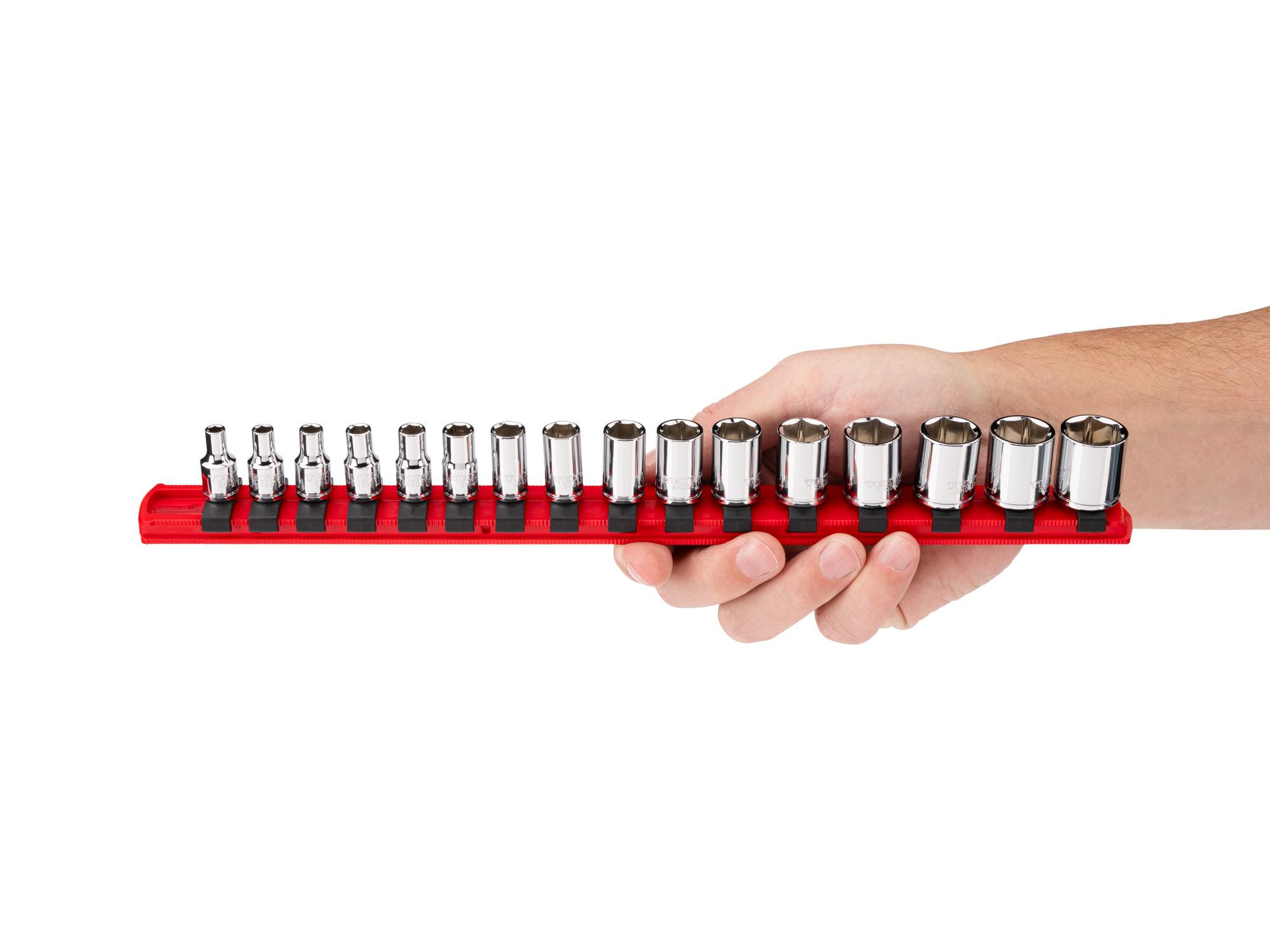 Person holding Tekton rail hand drive 6-point socket set. Item #SHD90129