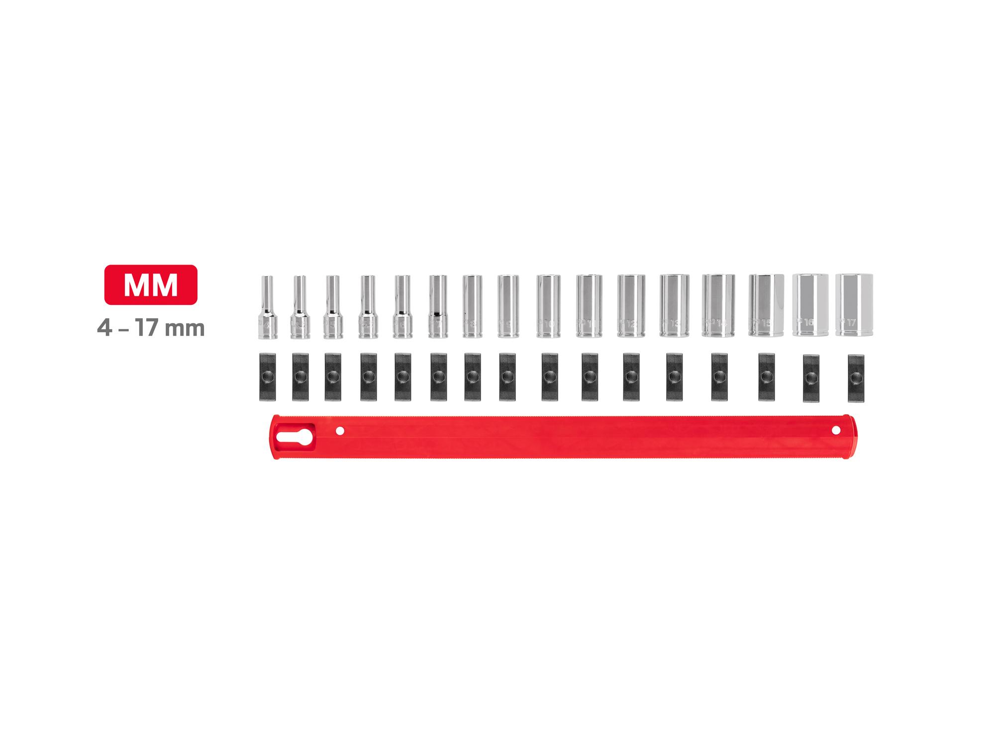 Laid out contents of Tekton rail hand drive 6-point socket set. Item #SHD90130