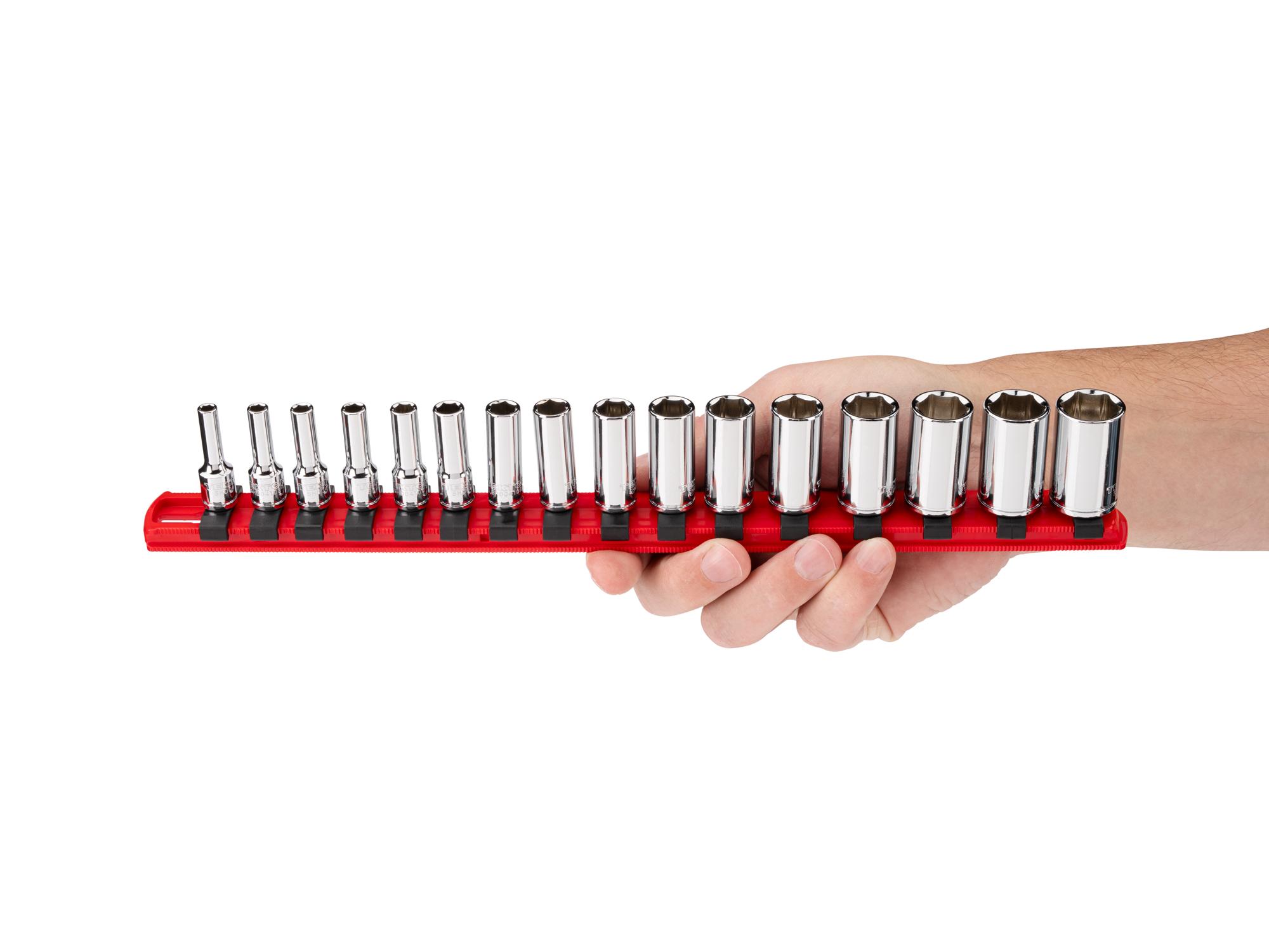 Person holding Tekton rail hand drive 6-point socket set. Item #SHD90130