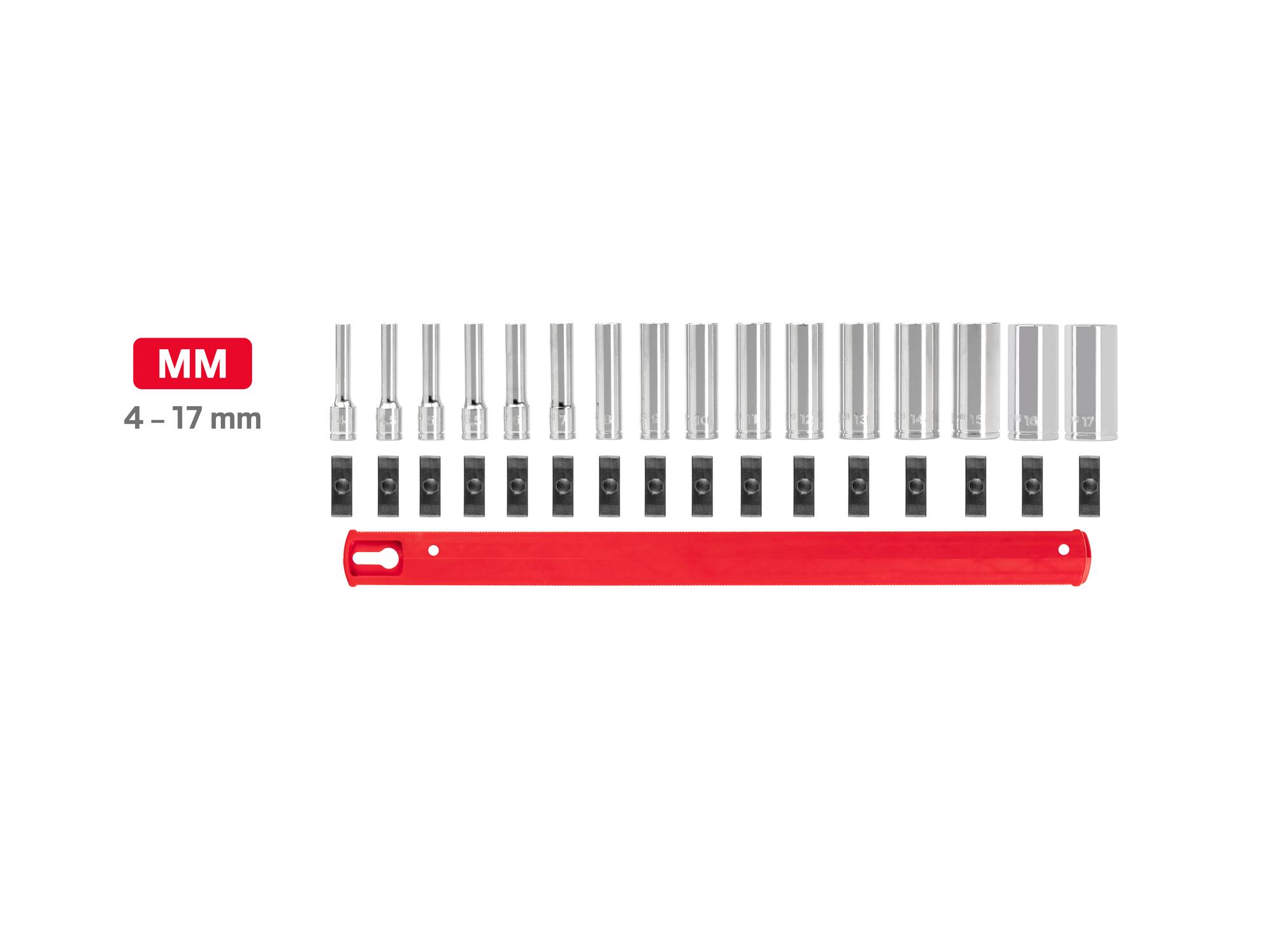 Laid out contents of Tekton rail hand drive 6-point socket set. Item #SHD90131