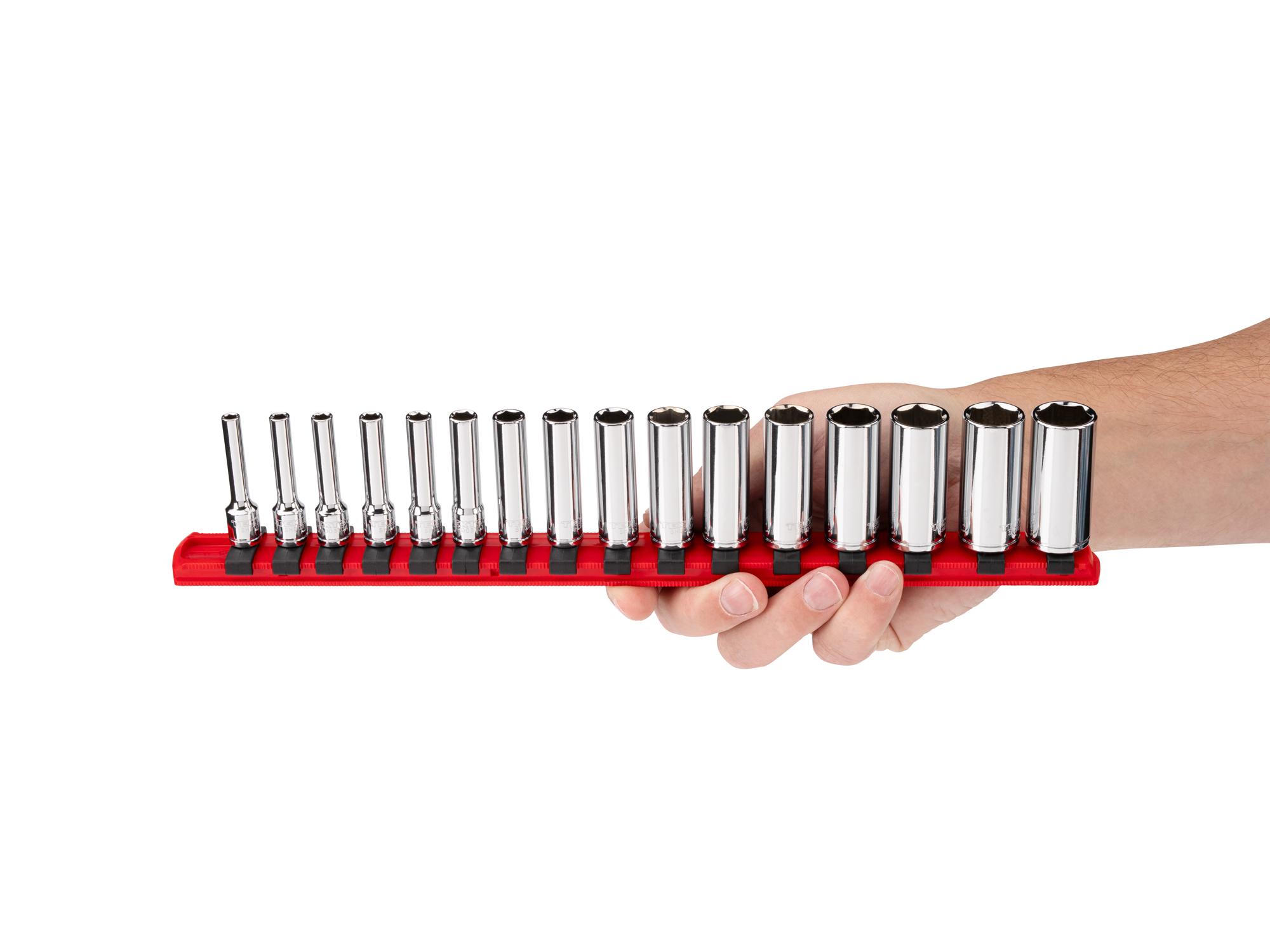 Person holding Tekton rail hand drive 6-point socket set. Item #SHD90131