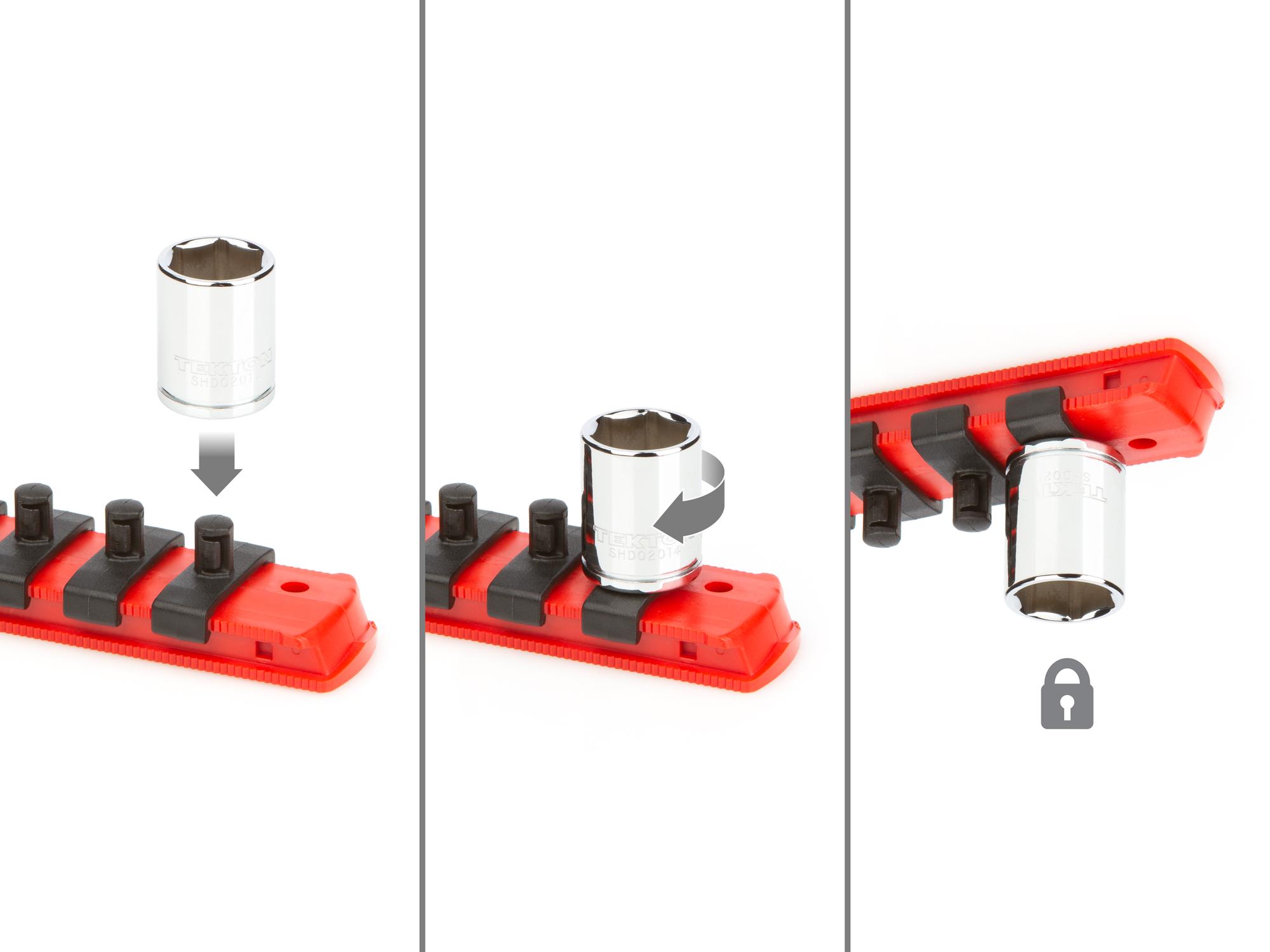 Includes: 5/32 - 9/16 inch (SAE), 4-15 mm (Metric) 6-point standard-length sockets. No skipped sizes. Comes with rail and tray storage. SHD90206.