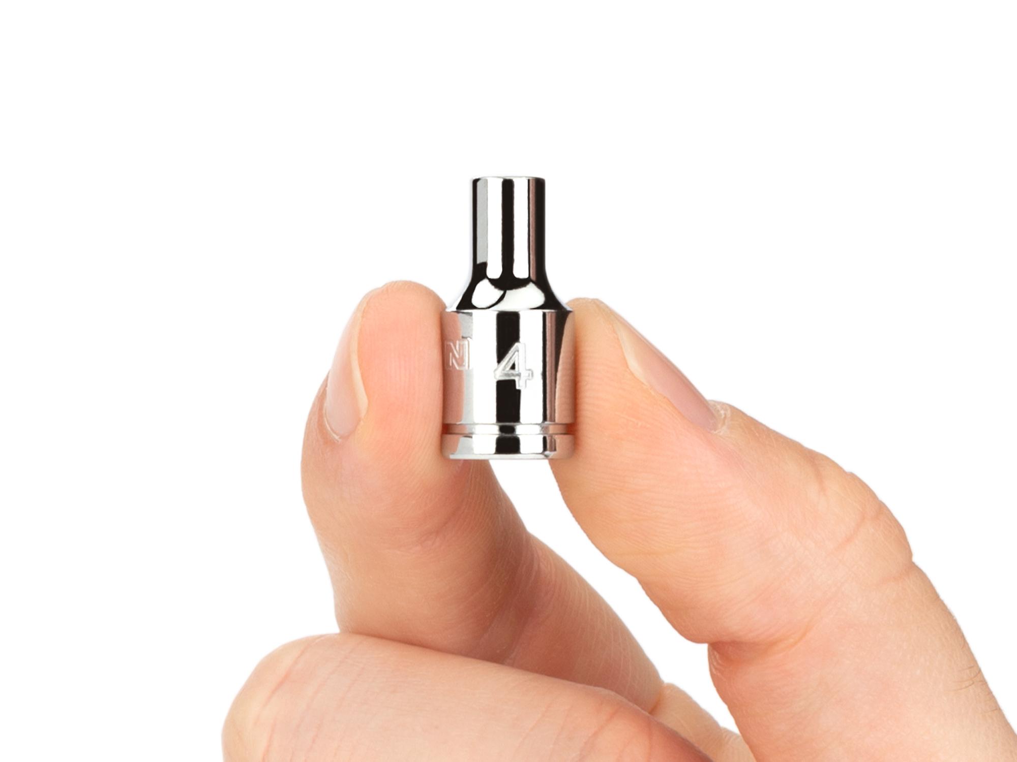 Person holding Tekton rail hand drive 6-point socket set. Item #SHD90206