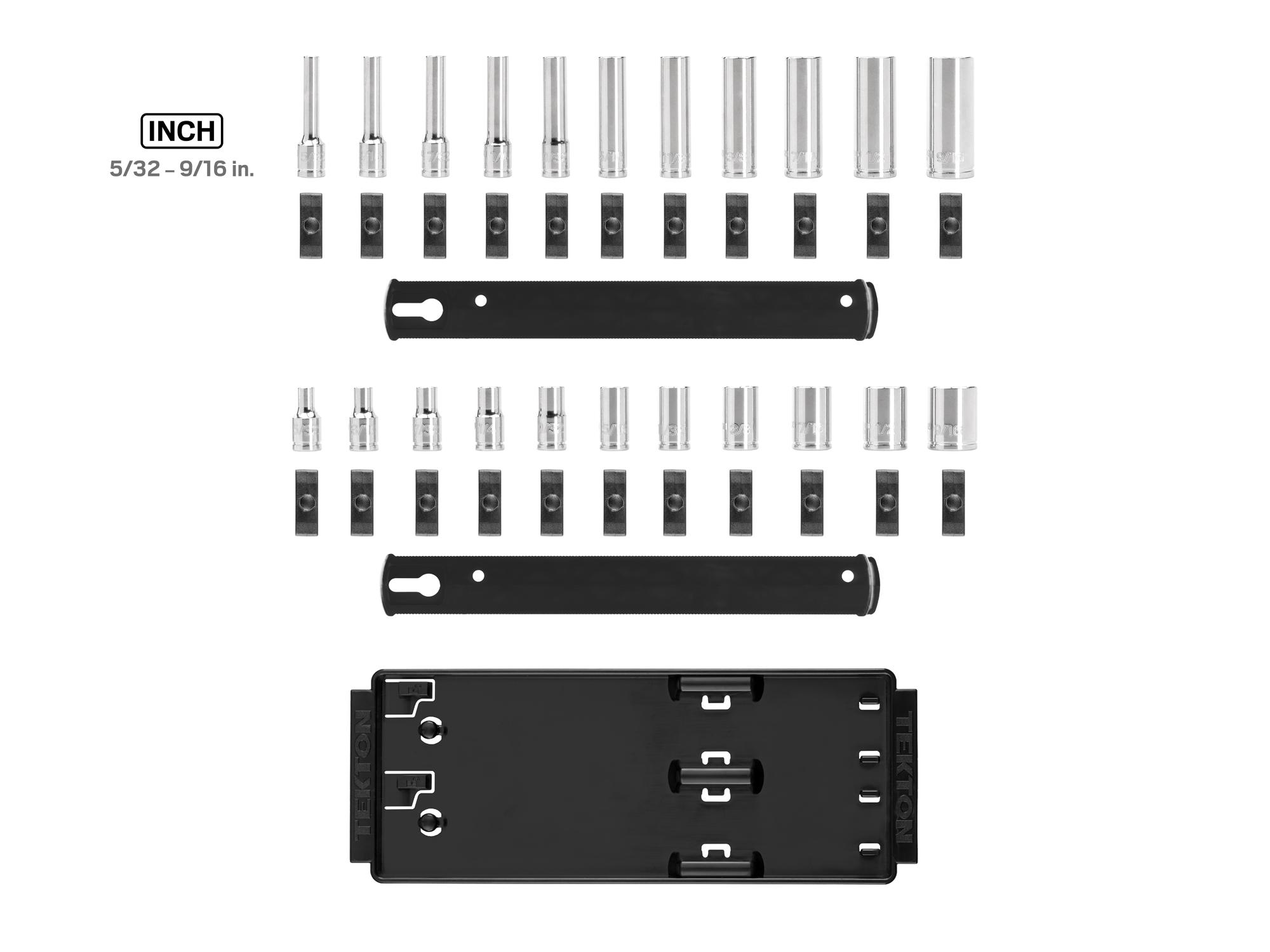 Laid out contents of Tekton rail and tray hand drive 6-point socket set. Item #SHD90210