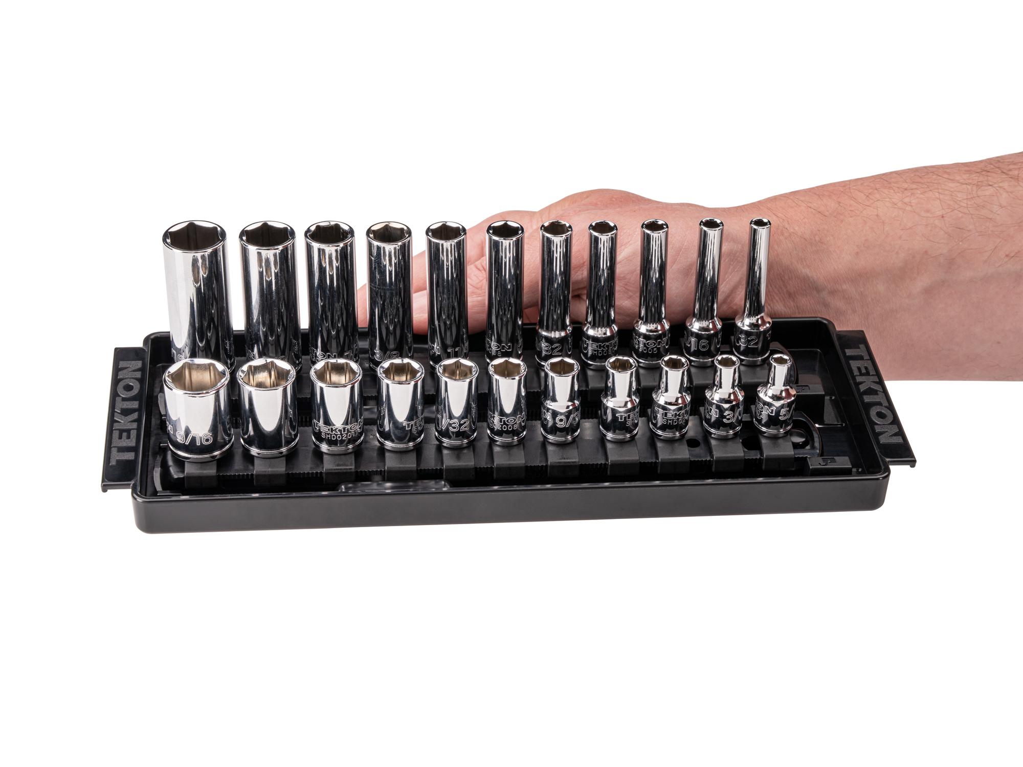 Person holding Tekton rail and tray hand drive 6-point socket set. Item #SHD90210