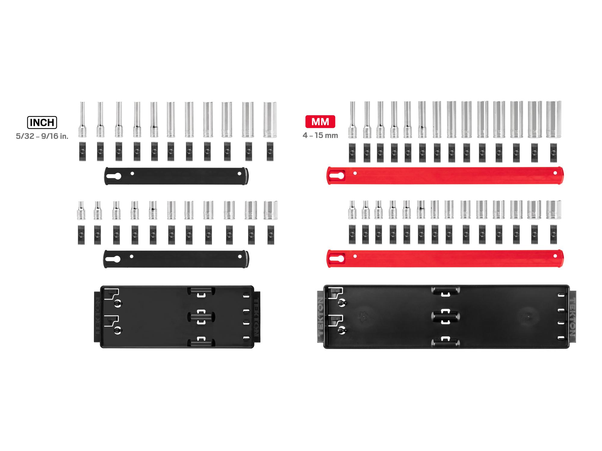 Laid out contents of Tekton rail hand drive 6-point socket set. Item #SHD90215