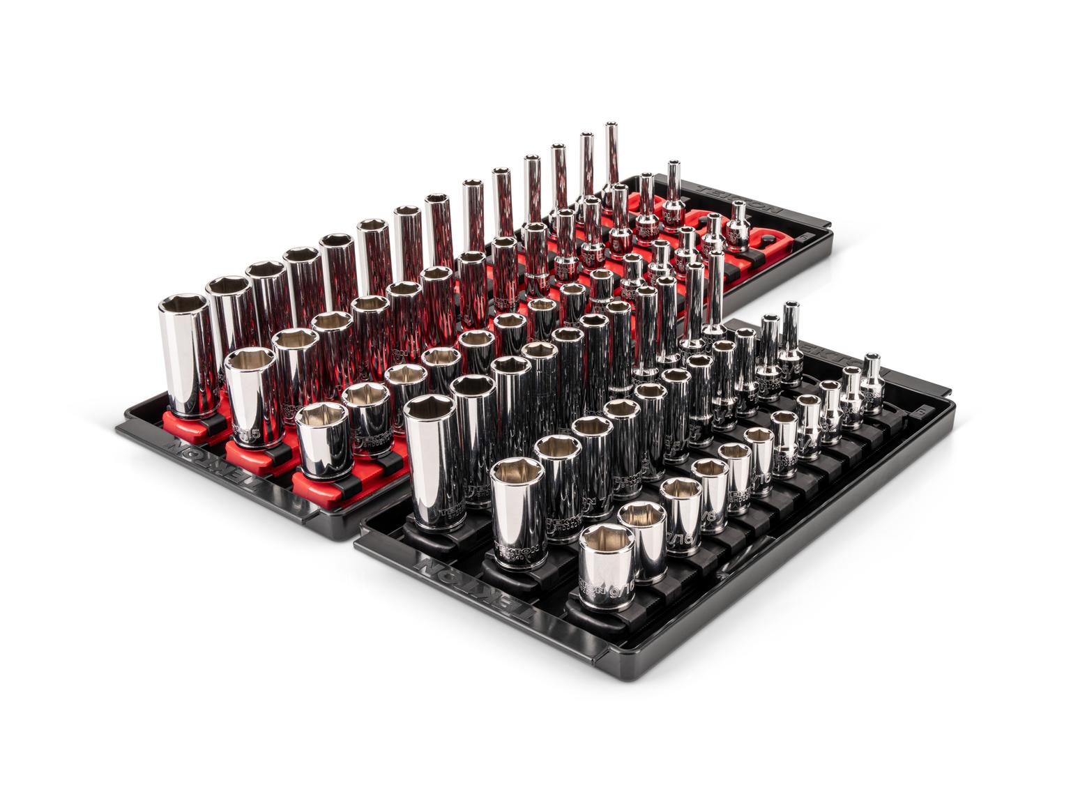 TEKTON 1/4 Inch Drive Shallow, Semi-Deep, and Deep 6-Point Socket Set with Rails and Trays, 75-Piece (5/32 - 9/16 in., 4 - 15 mm)