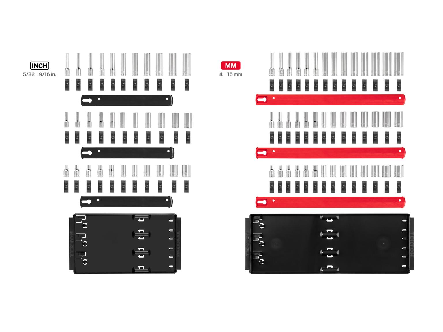 Laid out contents of Tekton rail and tray hand drive 6-point socket set. Item #SHD90218
