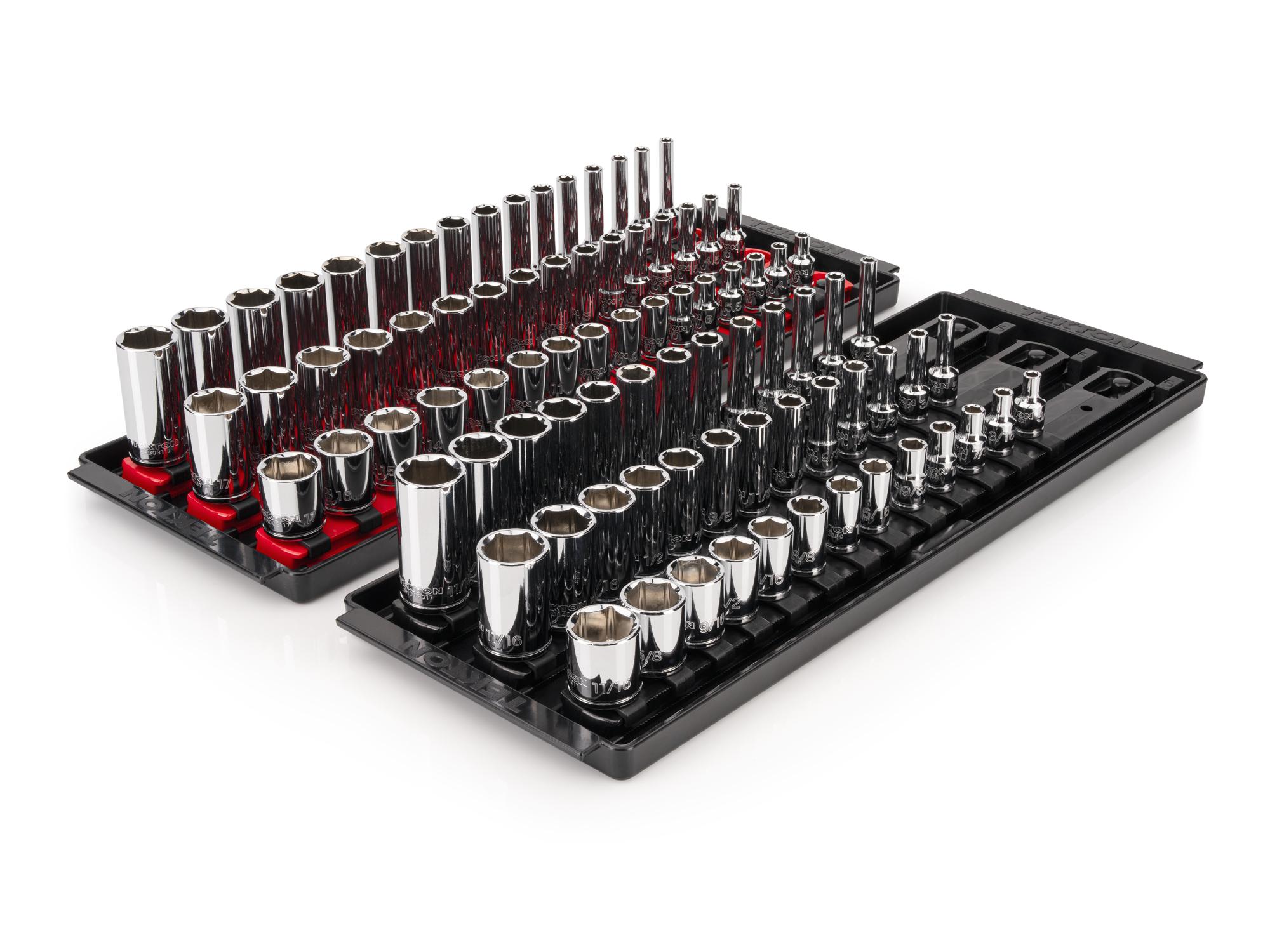 TEKTON 1/4 Inch Drive Shallow, Semi-Deep, and Deep 6-Point Socket Set with Rails and Trays, 87-Piece (5/32 - 11/16 in., 4 - 17 mm)