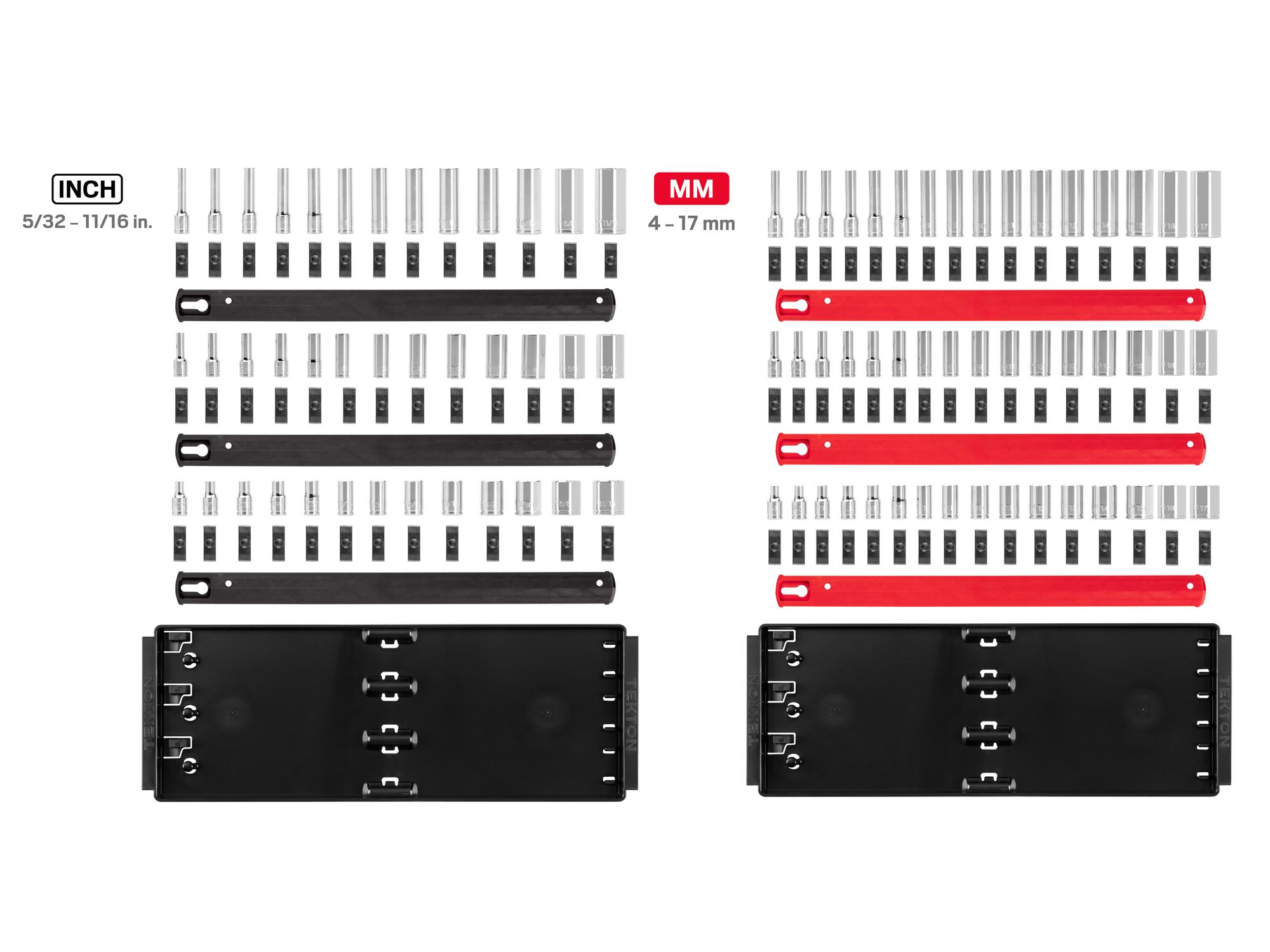 Laid out contents of Tekton rail hand drive 6-point socket set. Item #SHD90220