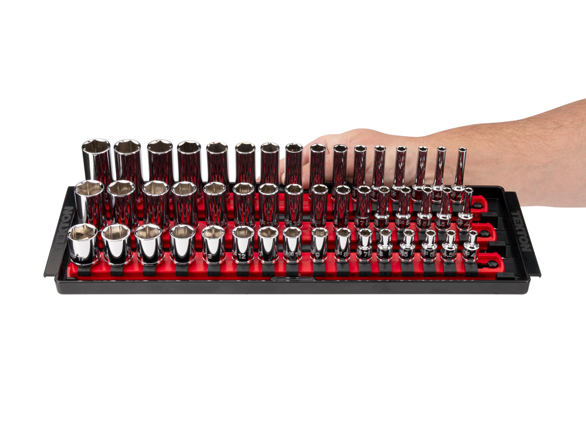 Person holding Tekton rail hand drive 6-point socket set. Item #SHD90128