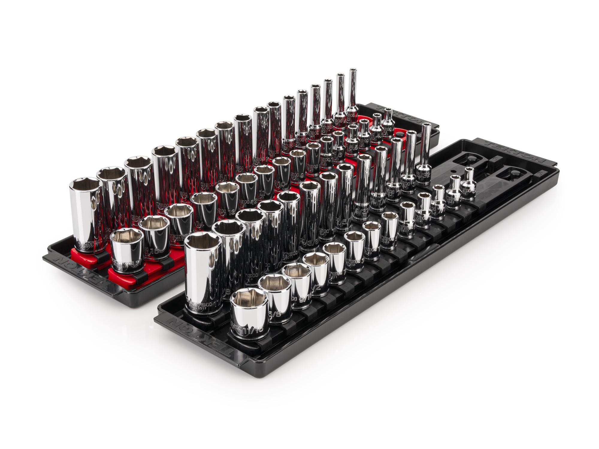 TEKTON 1/4 Inch Drive Shallow and Deep 6-Point Socket Set with Rails and Trays, 58-Piece (5/32 - 9/16 in, 4 - 17 mm)