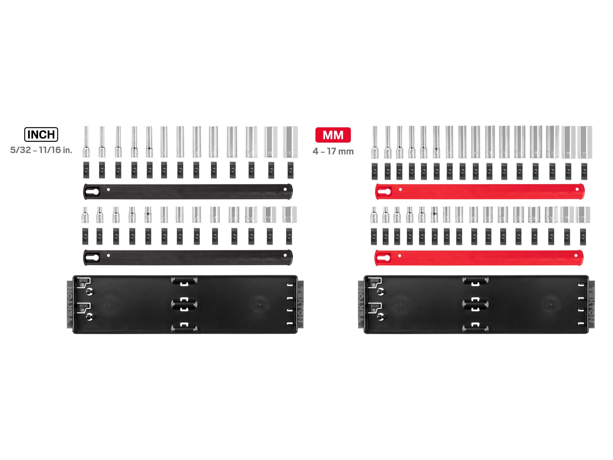 Laid out contents of Tekton rail hand drive 6-point socket set. Item #SHD90221