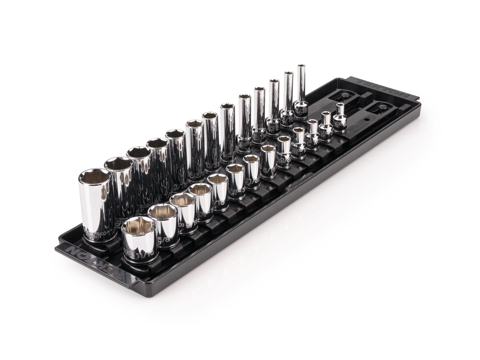 TEKTON 1/4 Inch Drive Shallow and Deep 6-Point Socket Set with Rails and Tray, 26-Piece (5/32 - 11/16 in.)