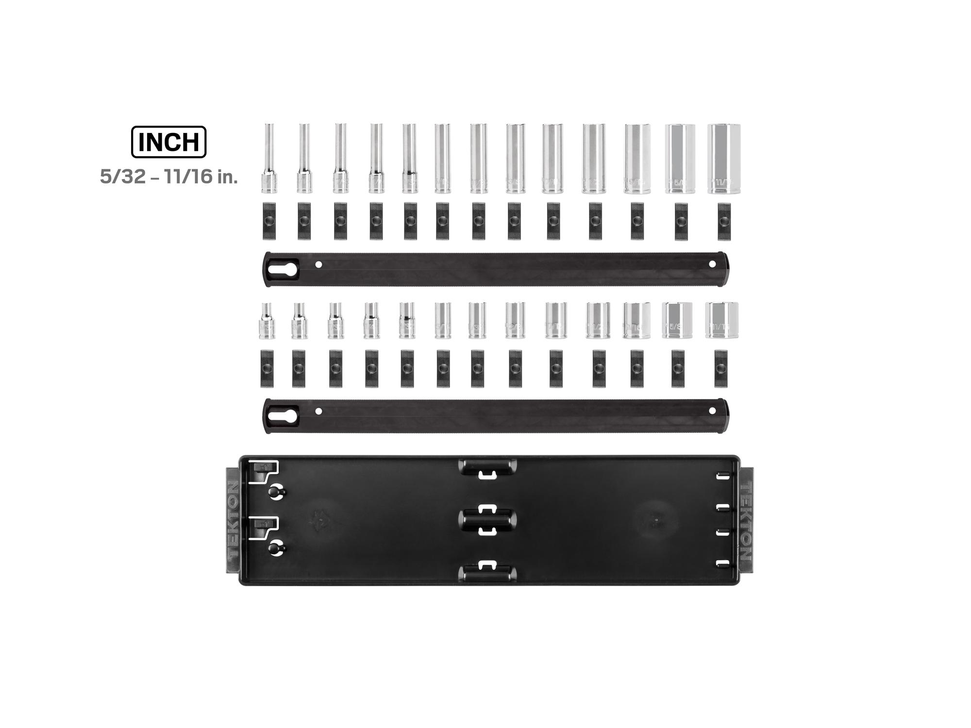 Laid out contents of Tekton rail hand drive 6-point socket set. Item #SHD90222