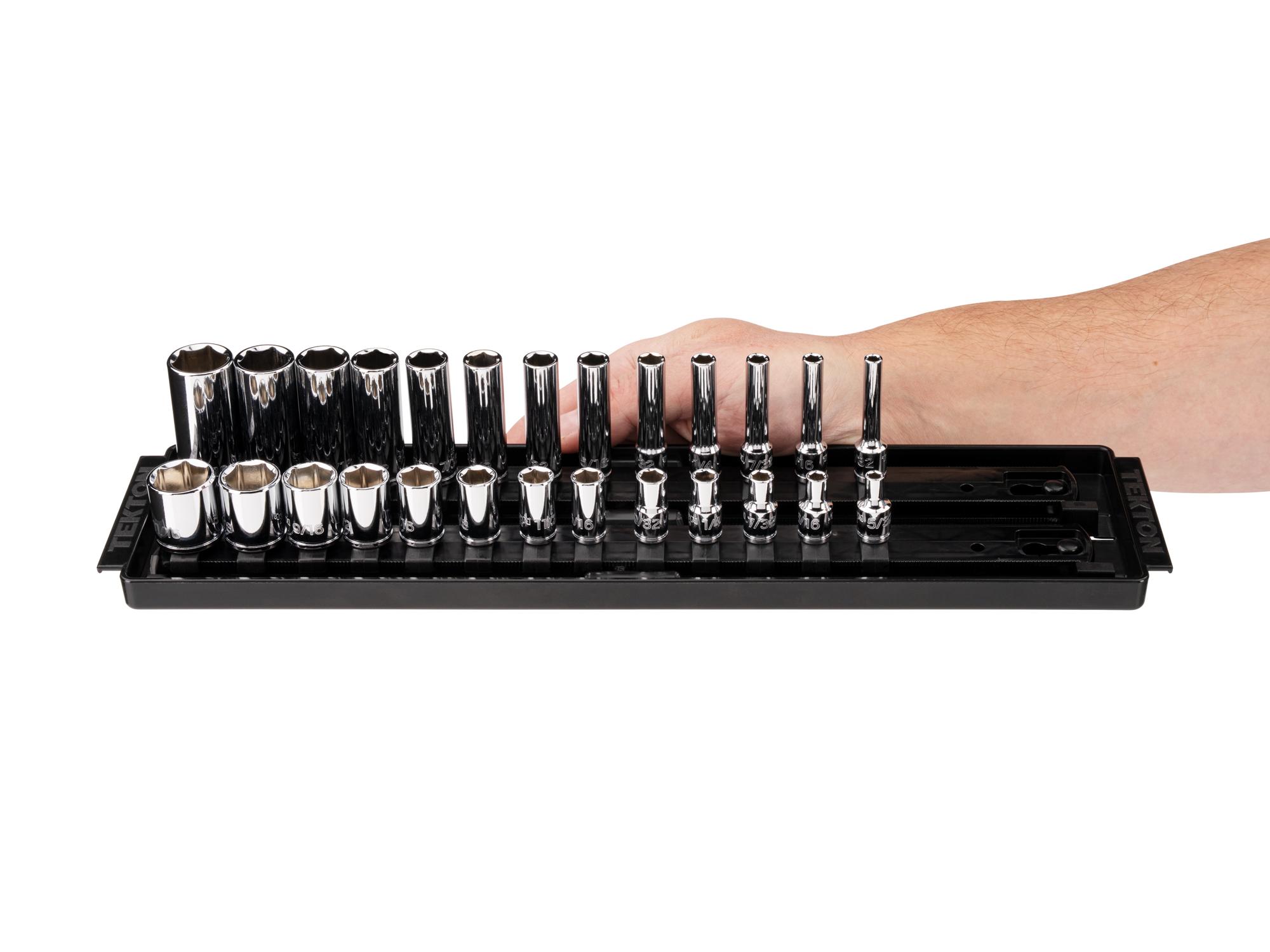 Person holding Tekton rail hand drive 6-point socket set. Item #SHD90222