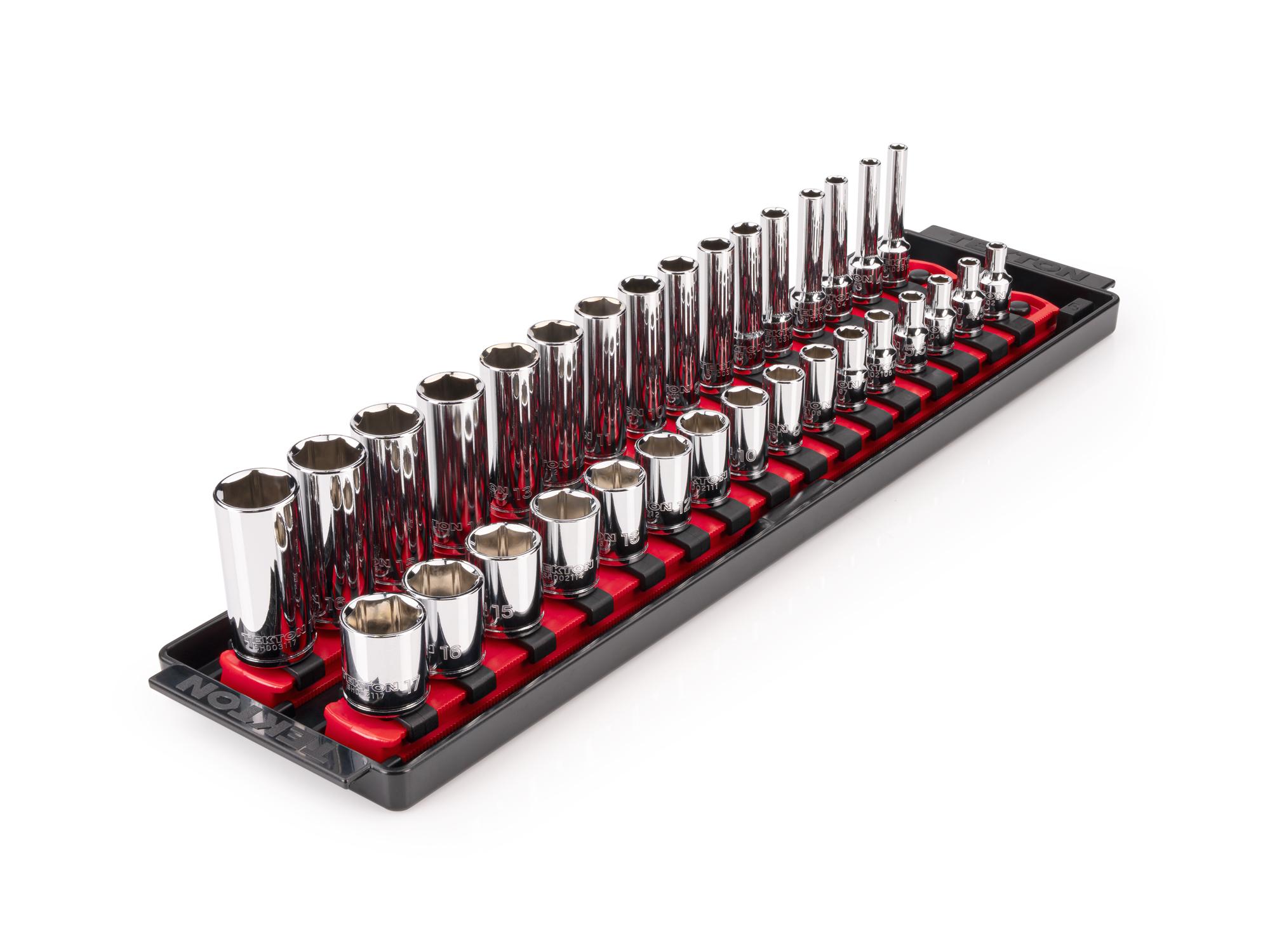 TEKTON 1/4 Inch Drive Shallow and Deep 6-Point Socket Set with Rails and Tray, 32-Piece (4 - 17 mm)