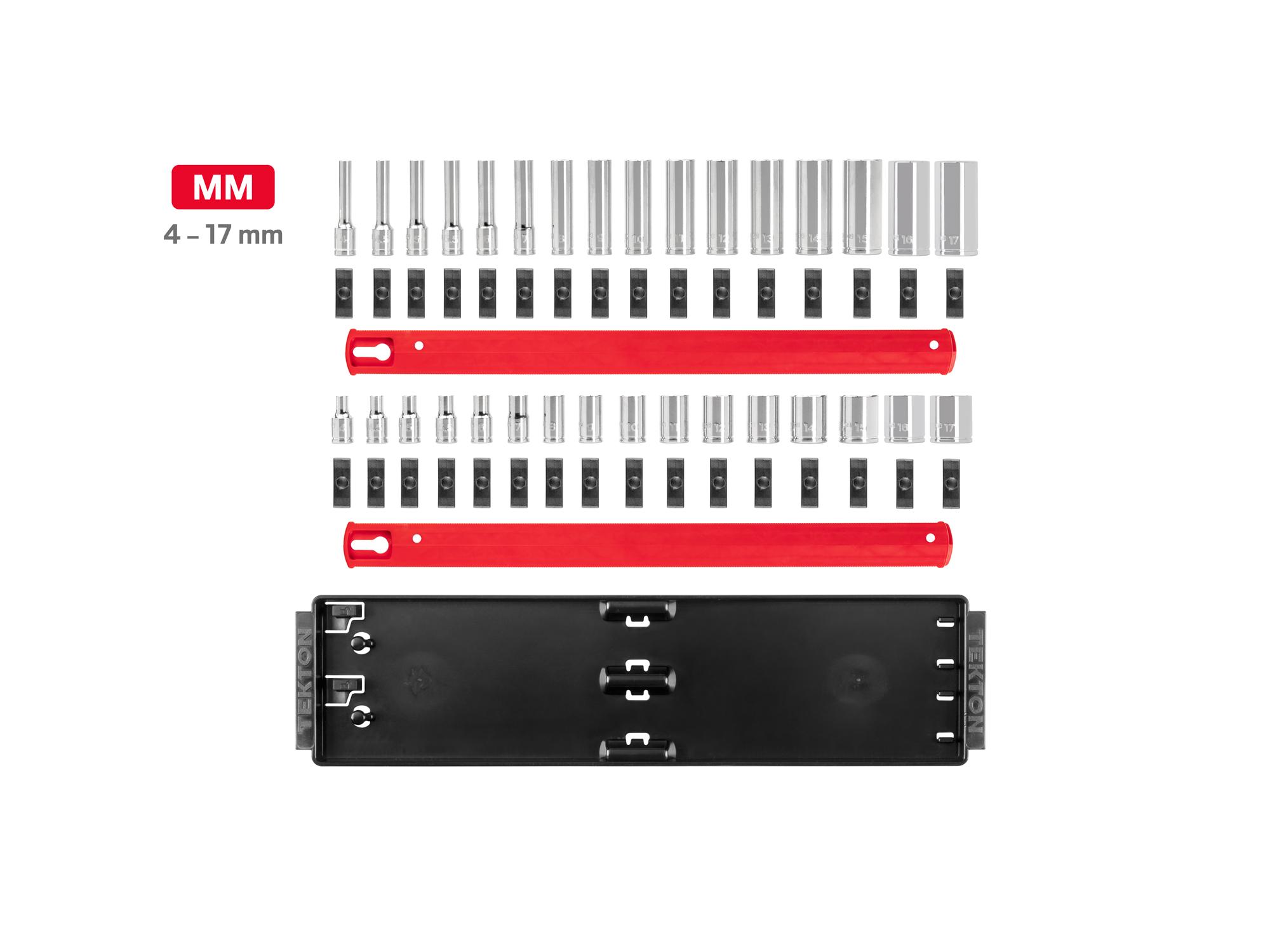 Laid out contents of Tekton rail hand drive 6-point socket set. Item #SHD90223