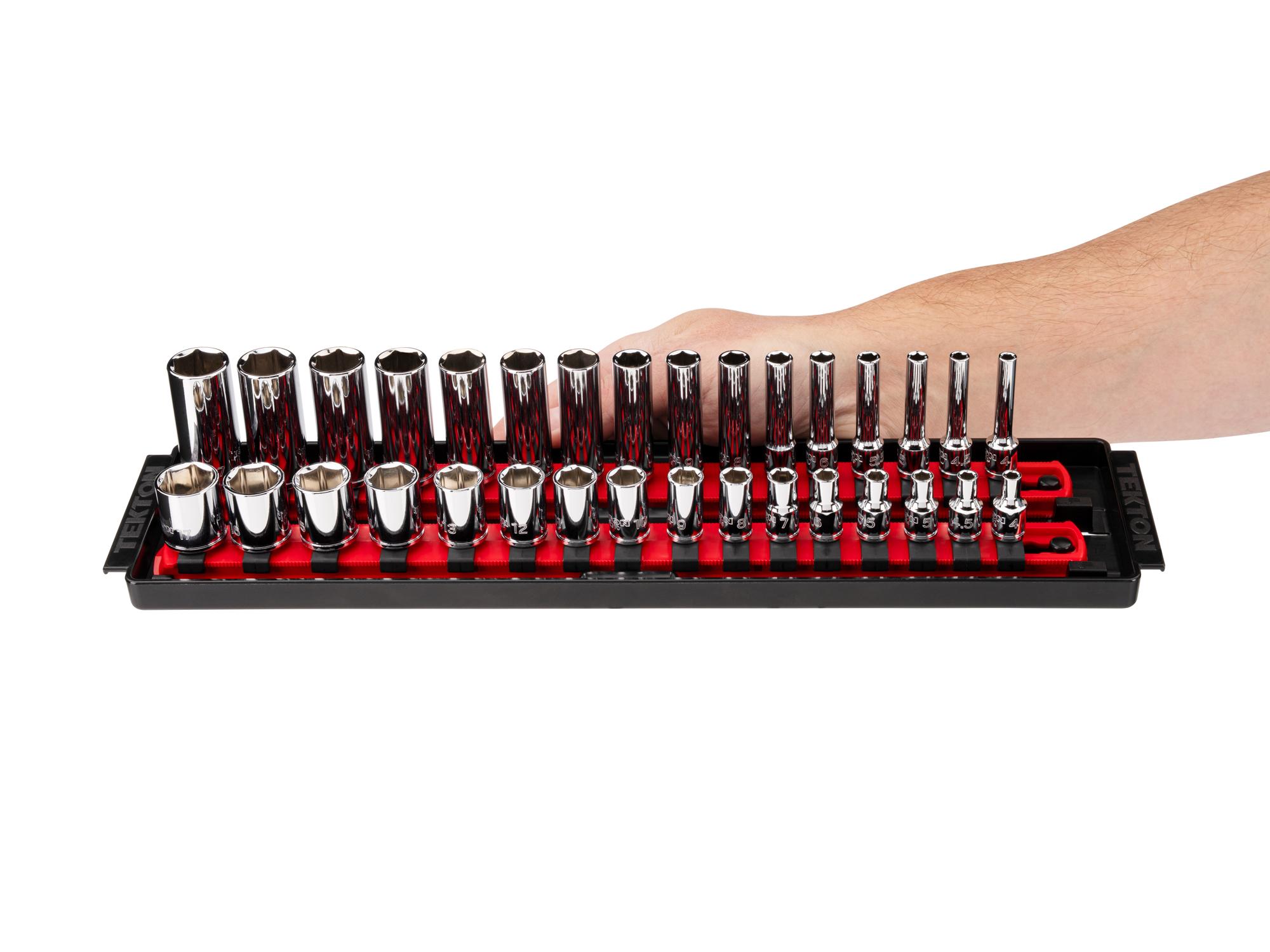Person holding Tekton rail hand drive 6-point socket set. Item #SHD90223
