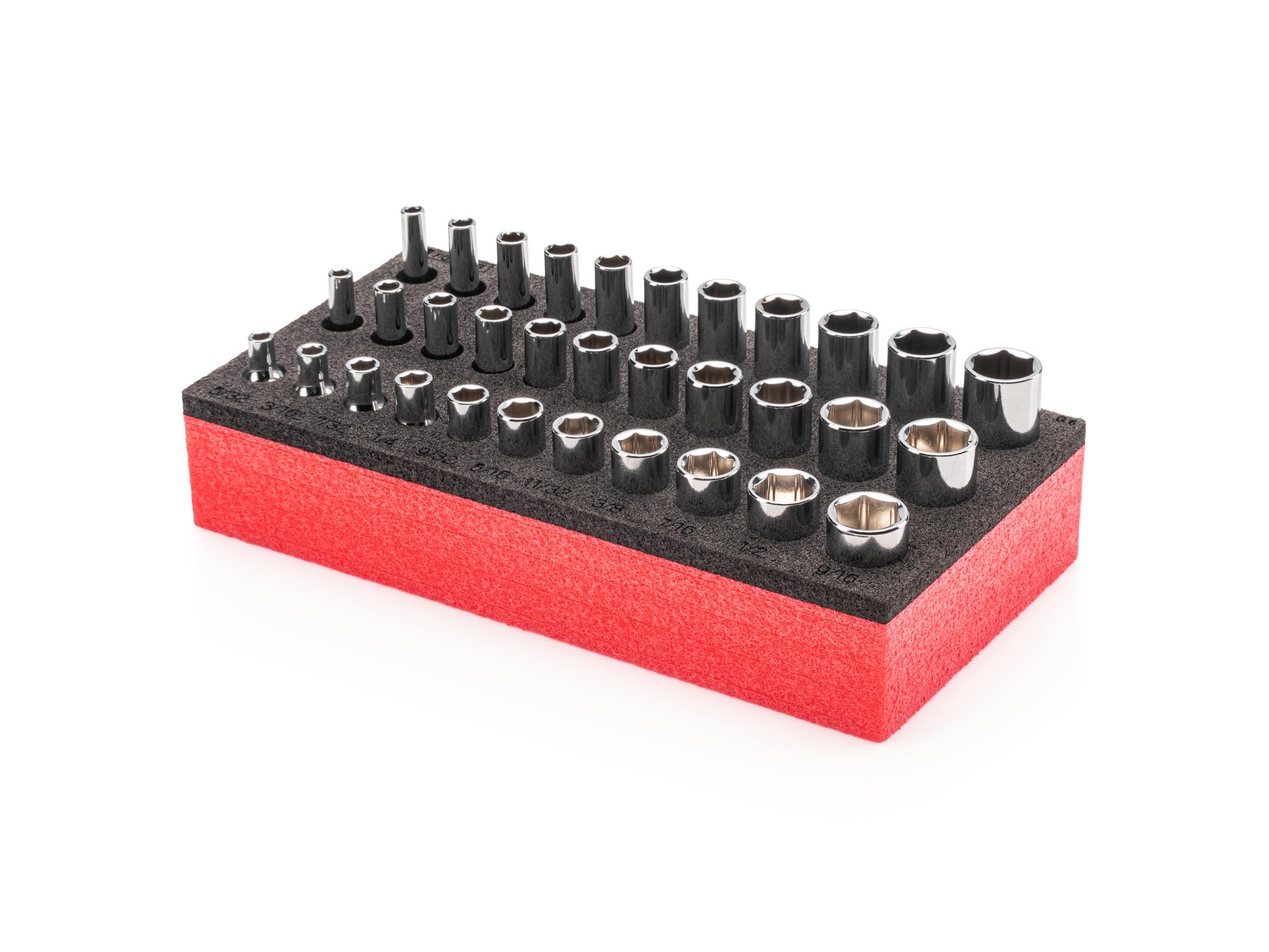 Front-right angle view of Tekton foam hand drive 6-point socket set. Item #SHD90800