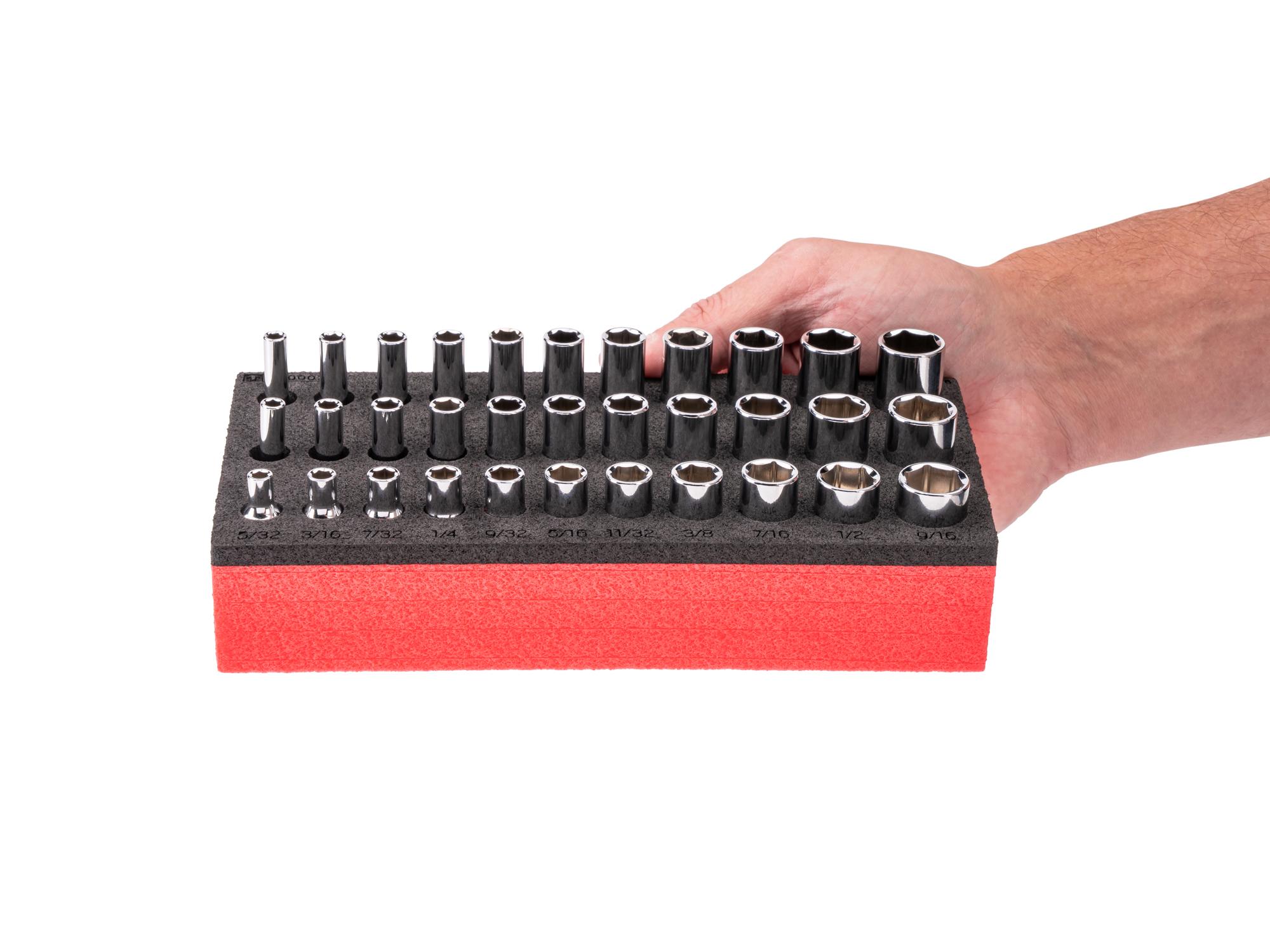 Person holding Tekton foam hand drive 6-point socket set. Item #SHD90800