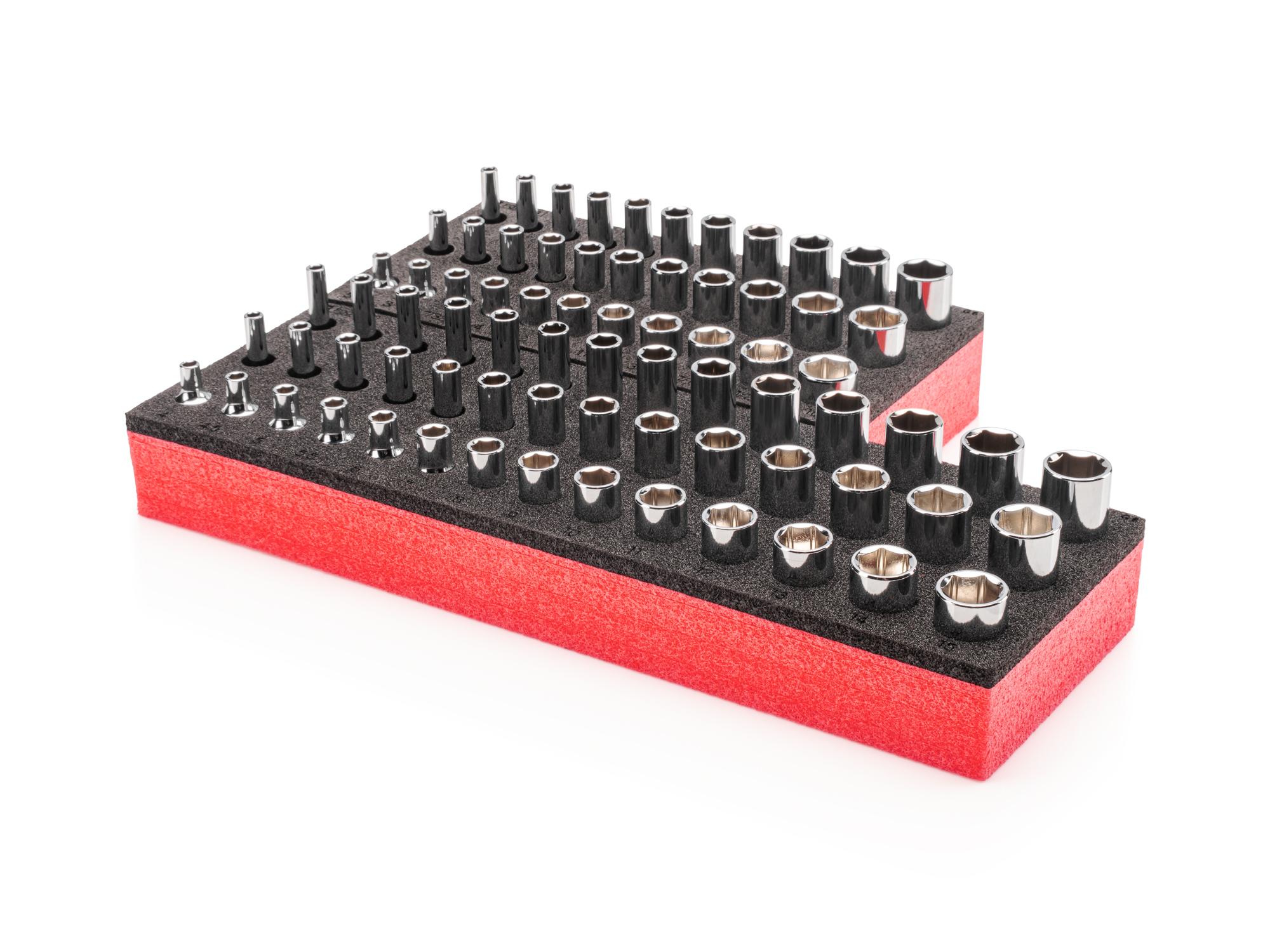 Front-right angle view of Tekton foam hand drive 6-point socket set. Item #SHD90804