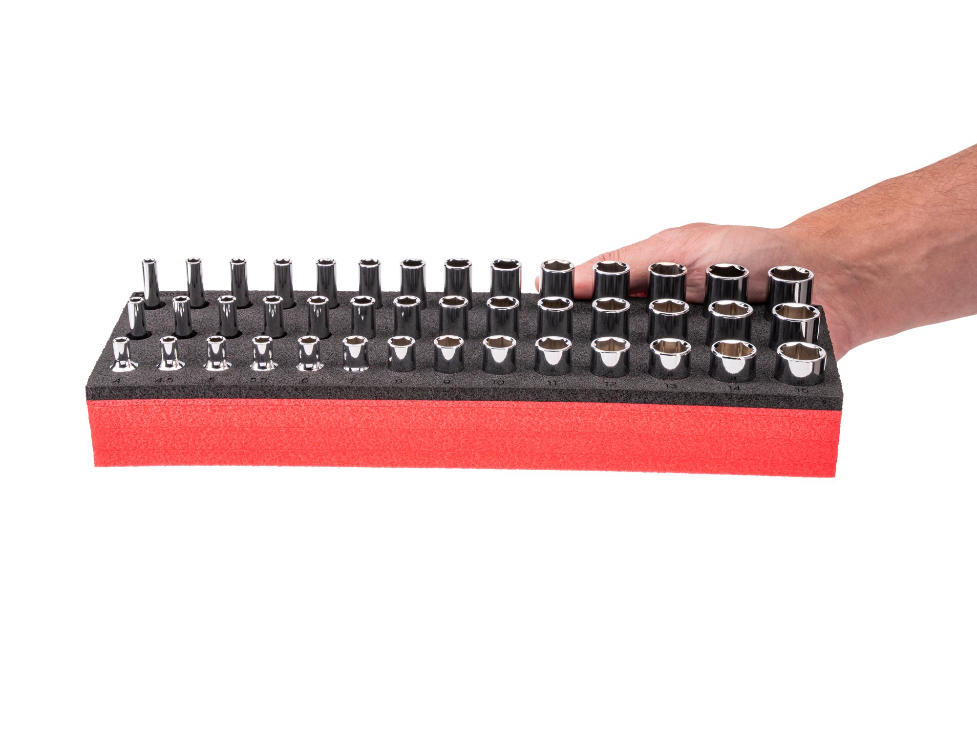 Person holding Tekton foam hand drive 6-point socket set. Item #SHD90801