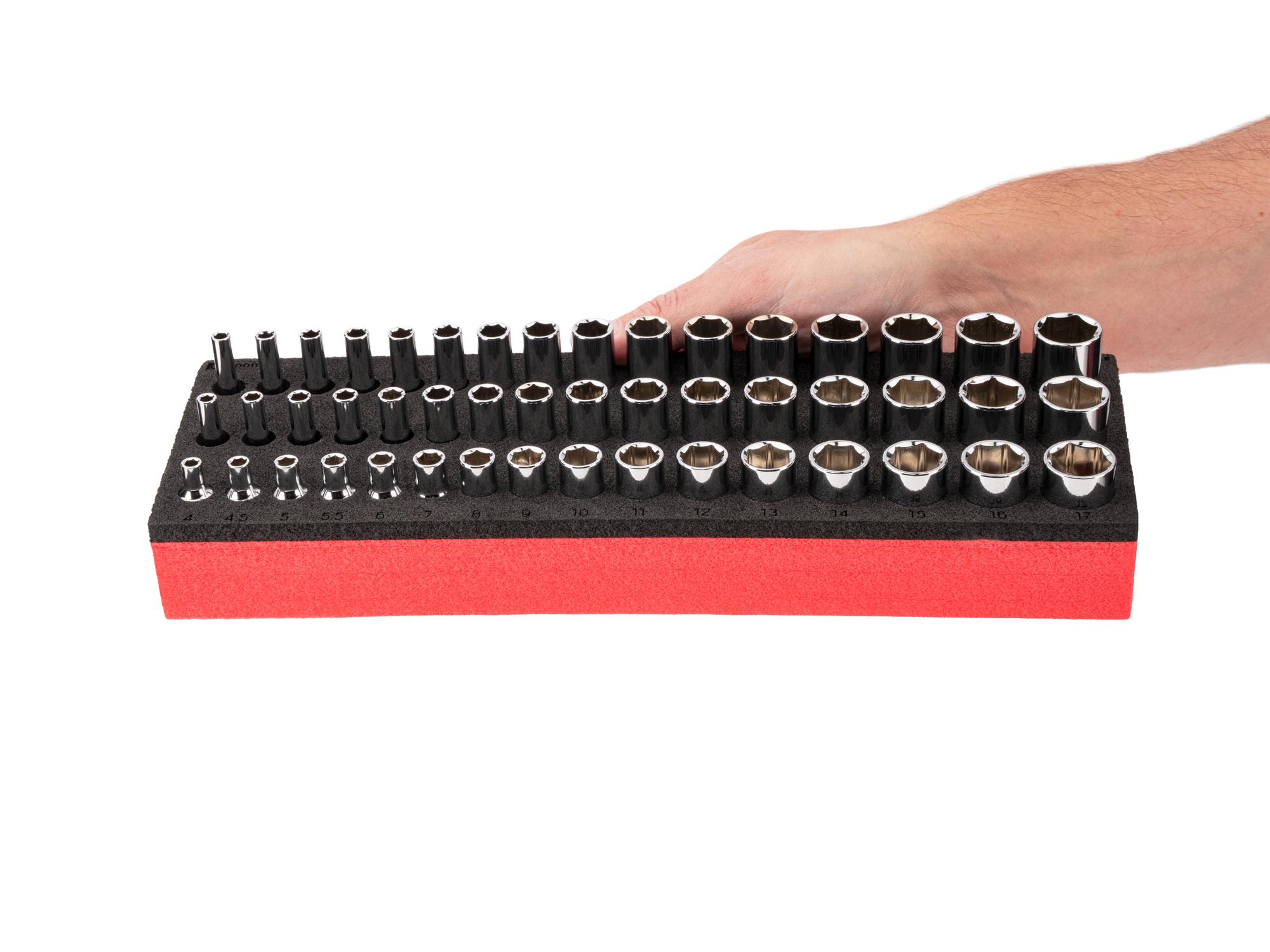 Person holding Tekton foam hand drive 6-point socket set. Item #SHD90808