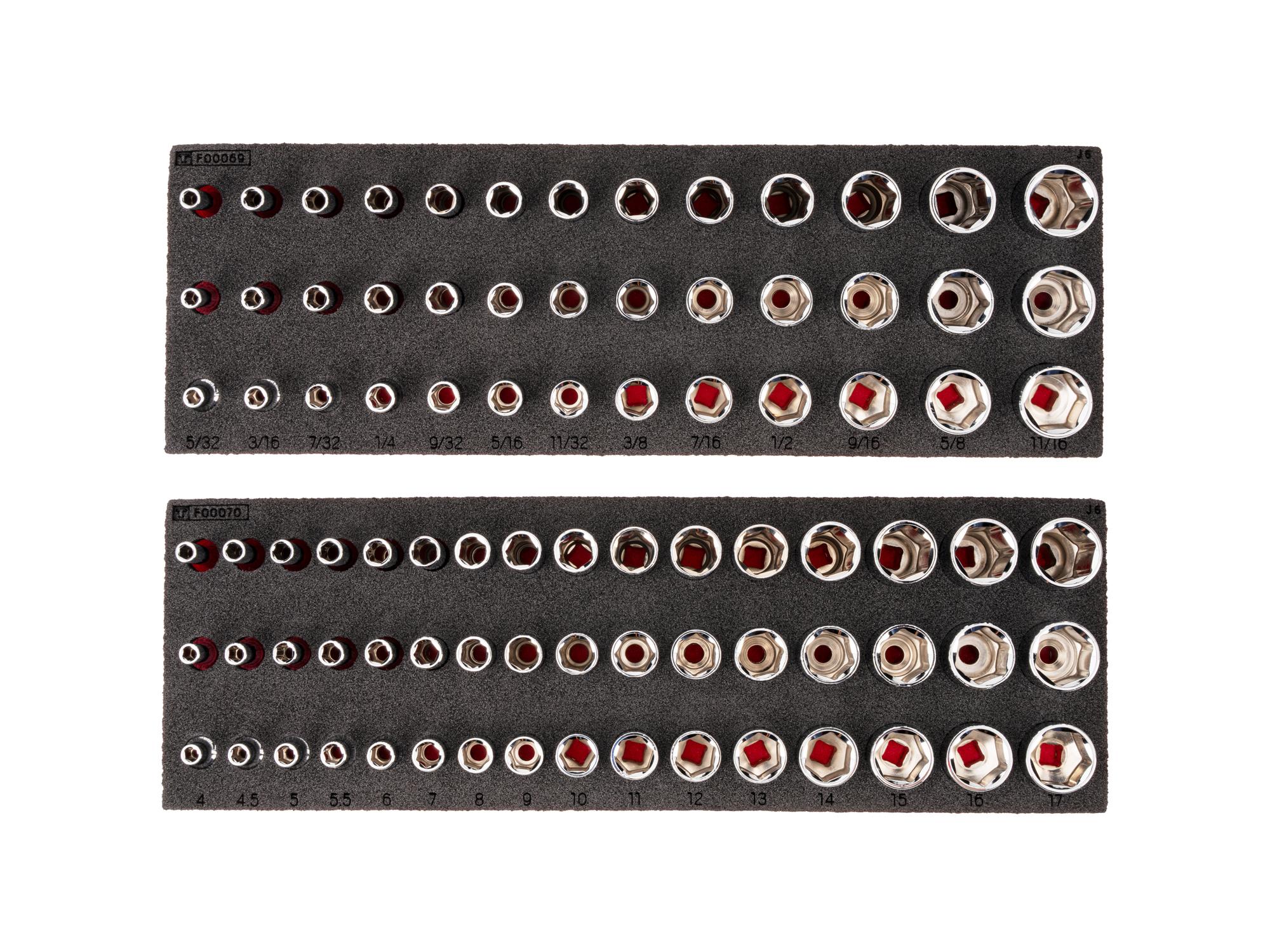TEKTON 1/4 Inch Drive Shallow, Semi-Deep, and Deep 6-Point Socket Set with 6 x 2 Inch Foam Organizers, 87-Piece (5/32 - 11/16 in., 4 - 17 mm)